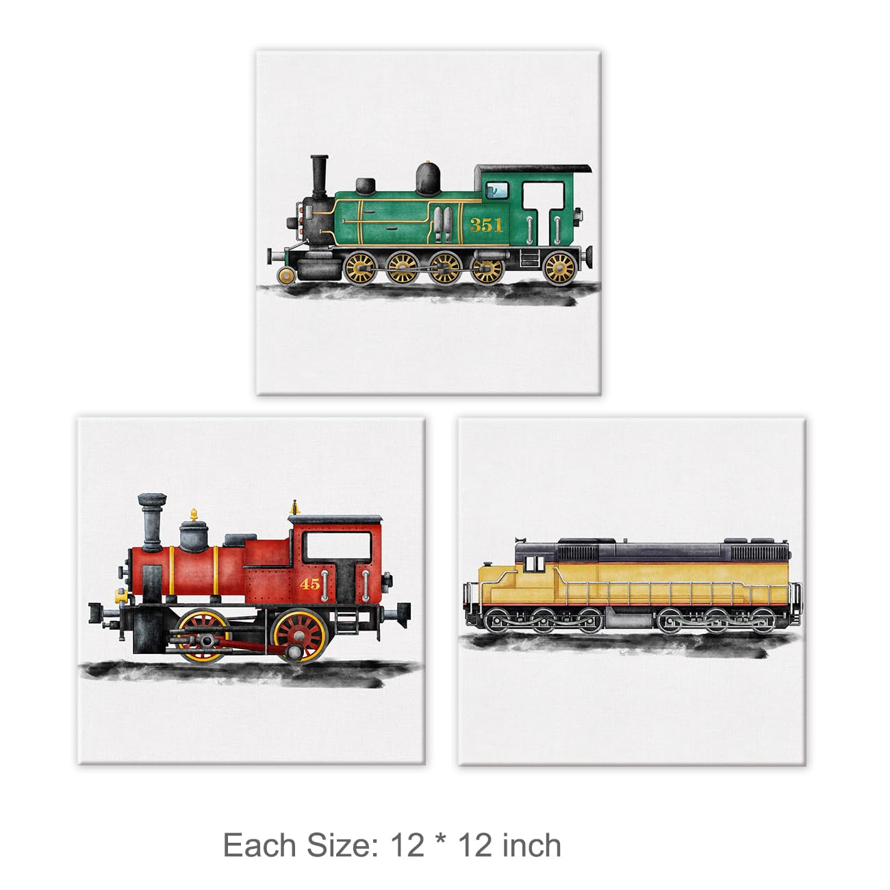 Set Of 3 Steam Train Nursery Vehicle Art Canvas Wall Art Framed Paintings Prints Watercolor Steam Locomotive Canvas Wall Decor F