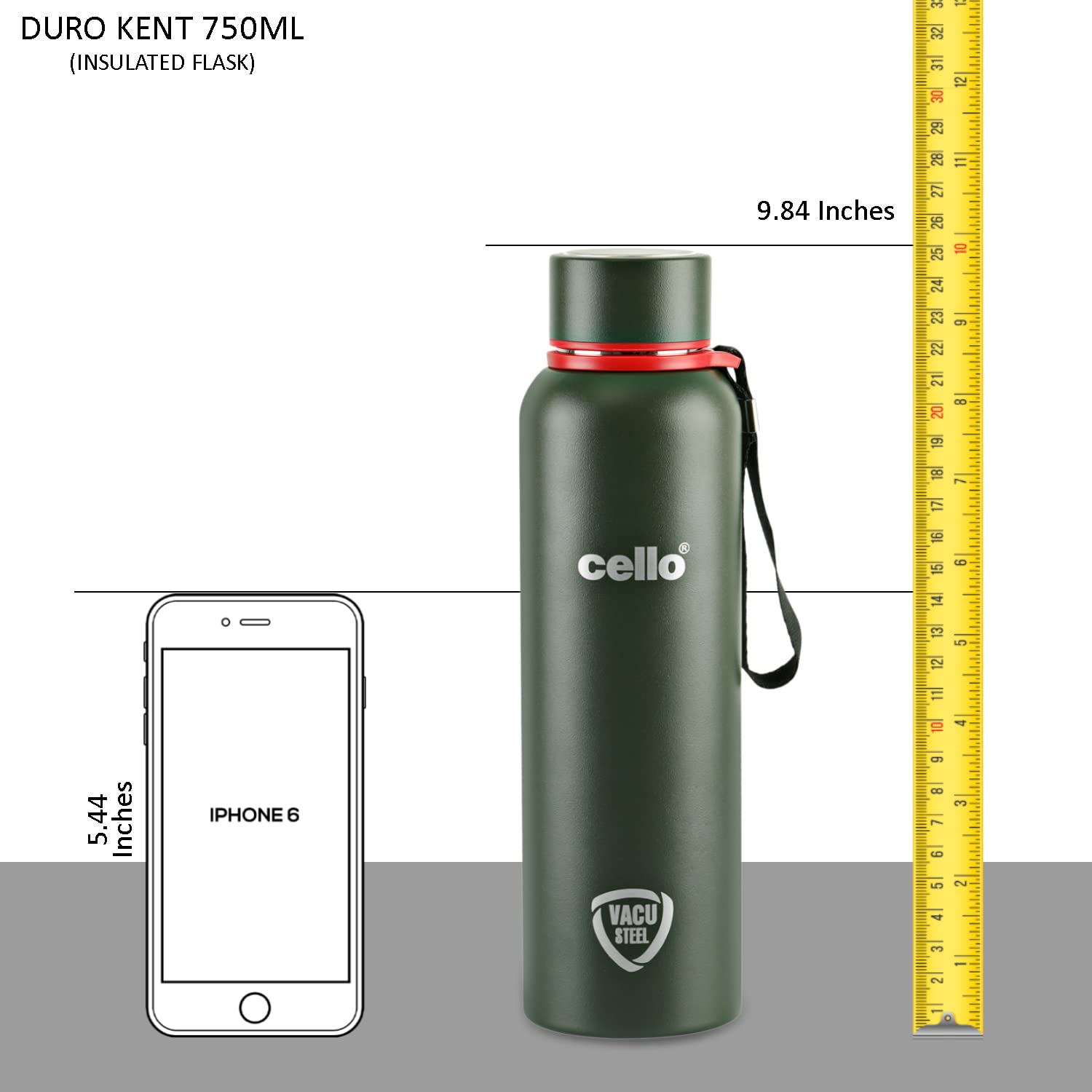 Cello Duro Kent Thermosteel Flask with DTP Coating, 750ml, Military Green | 24 Hours Hot and Cold Stainless Steel Bottle | Flask
