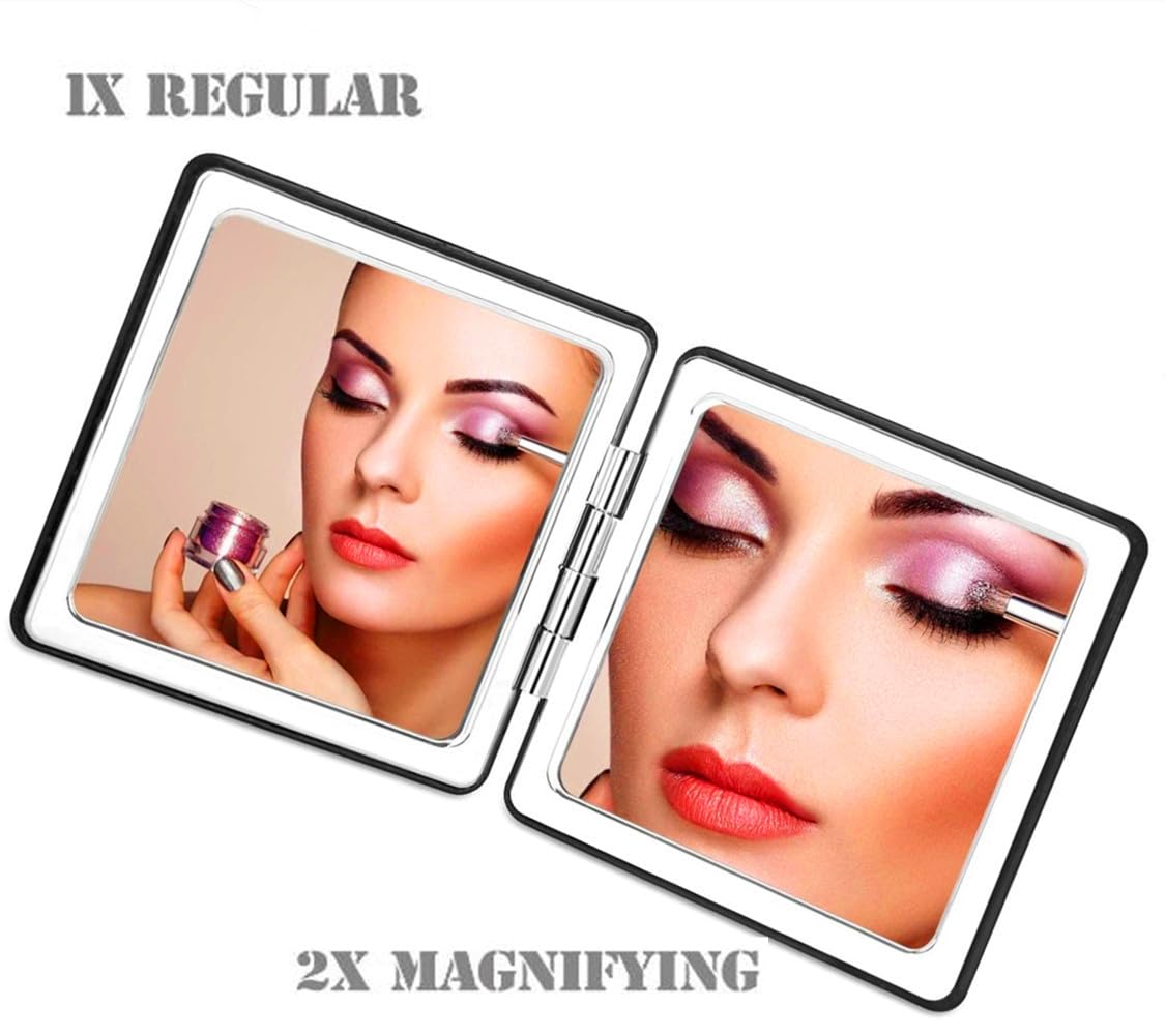 Mpowtech Square Purple Compact Mirror For Women,Small Magnifying Travel Mirror With Glitter,Portable 2 X 1X Magnification Foldin