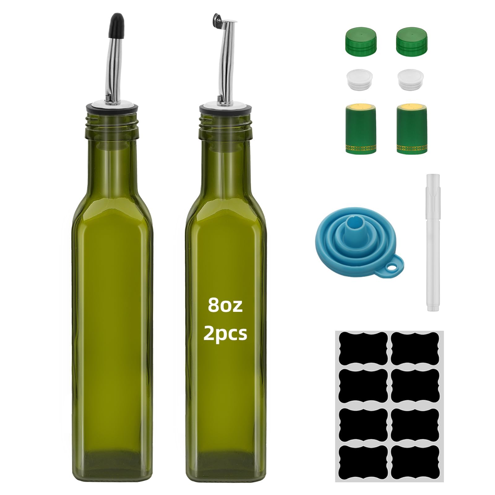 eispap 2Pcs Green 8 oz Olive Oil Dispenser Bottle,250 ml Glass Oil and Vinegar Dispenser Set with Pourers and Funnel ,Oil Bottle