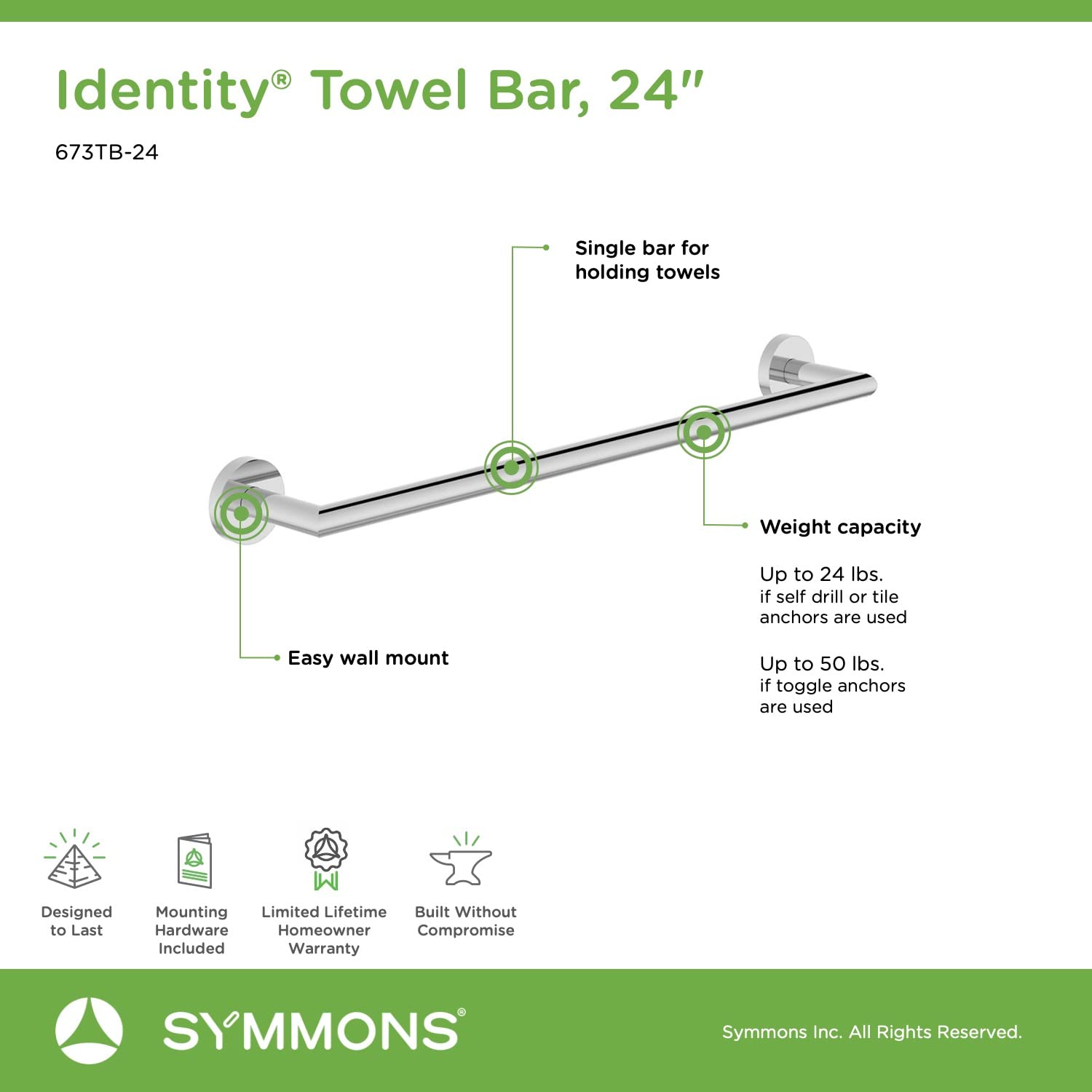 Symmons 673Tb-24 Identity 24 In. Wall-Mounted Towel Bar In Polished Chrome