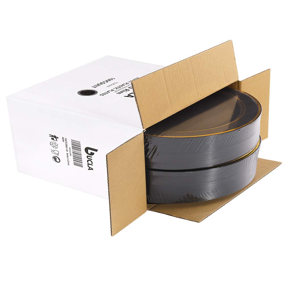 Bucla 100 Pieces Black And Gold Plastic Dinner Plates - 10.25 Inch Black Disposable Plates With Gold Rim - Disposable Dinner Pla