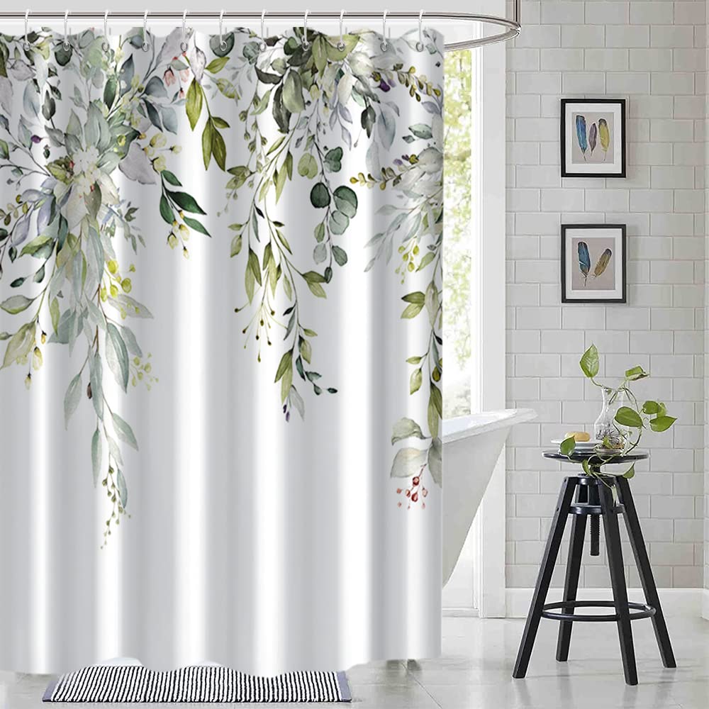 Ruelvth Green Eucalyptus Shower Curtain, Spring Watercolor Plant Leaves With Floral Shower Curtain For Bathroom Waterproof Fabri