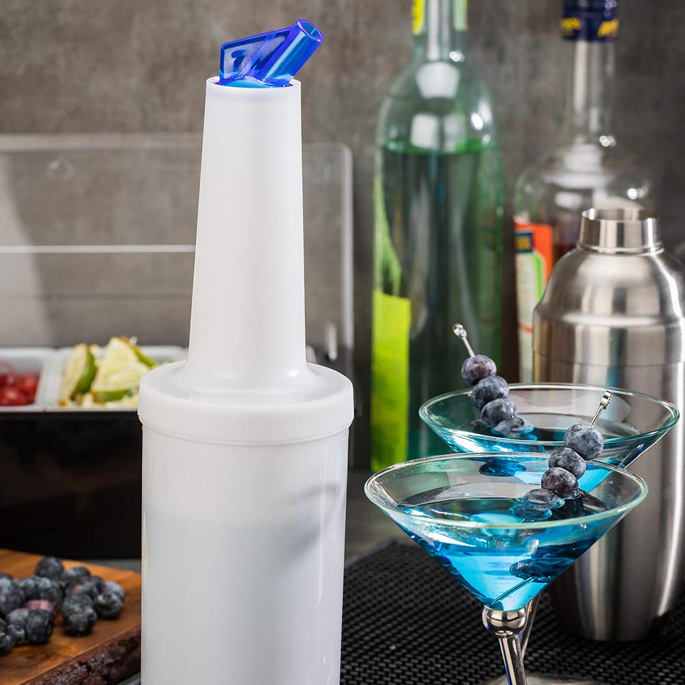 Restaurantware 1 Qt Plastic Quick Pour Storage Container Bottle - With Blue Spout And Lid - Bar Storage Bottle - 3 1/2'' X 3 1/2