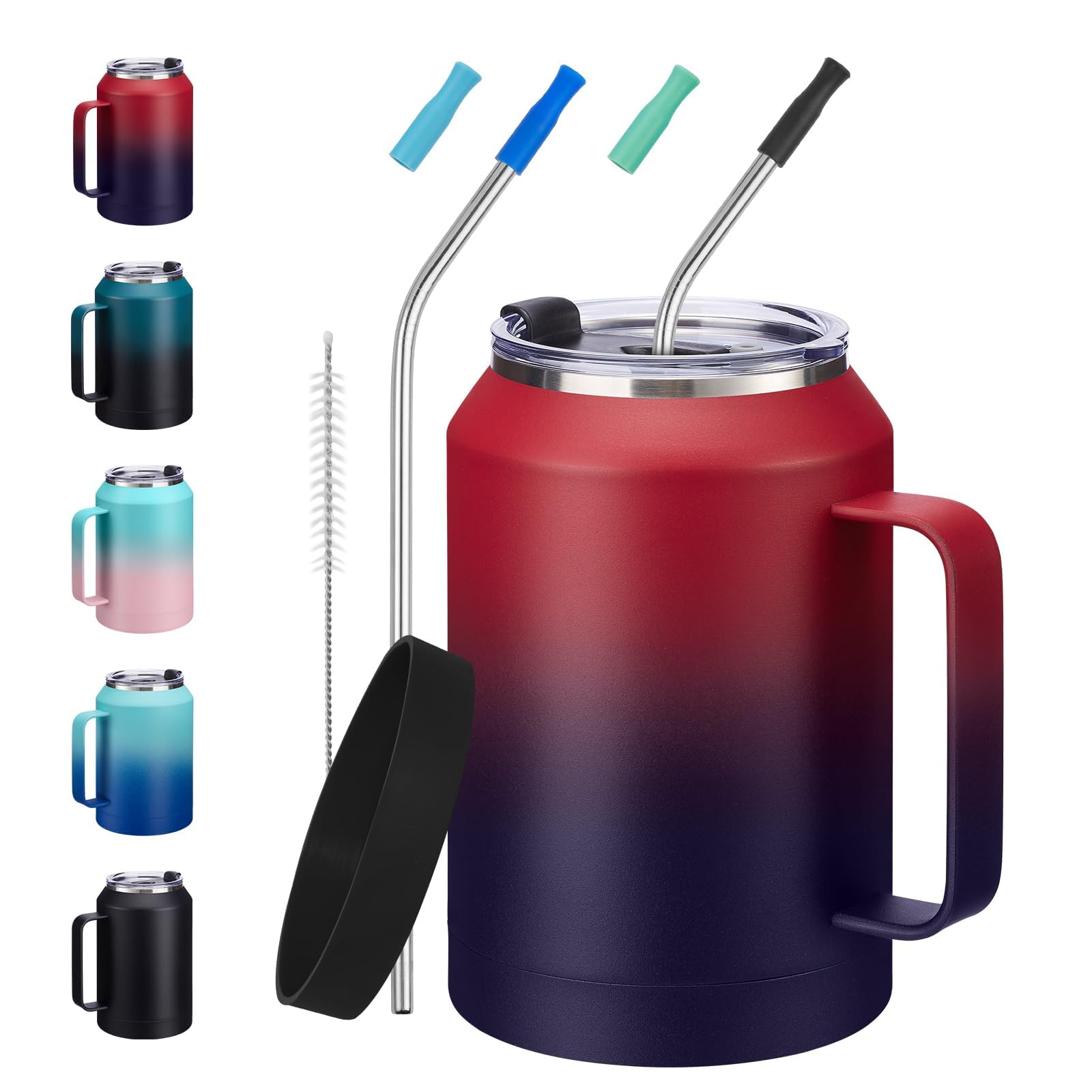 StainlessSteel Coffee Cup 32 oz Mug Tumbler  with Handle, Straws & Protective Boot, Keep Cold 36hrs & Hot 24hrs, Insulated Tum