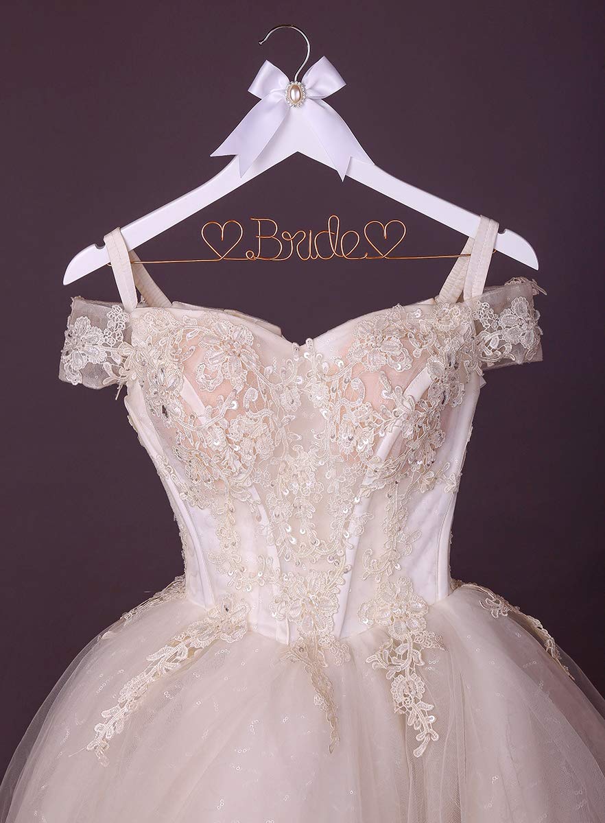 Huidian White Solid Wood Bridal Dress Hanger With Bridal Wire Lettering For Bridal Wedding Party Gift (White Hanger With Rose Go