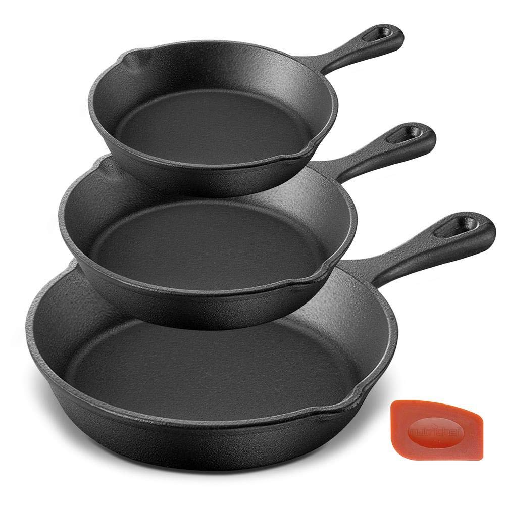 NutriChef Pre-Seasoned Cast Iron Skillet Pans - 3 Pieces Kitchen Frying Pan Nonstick Cookware Set w/Drip Spout - Includes Scrape