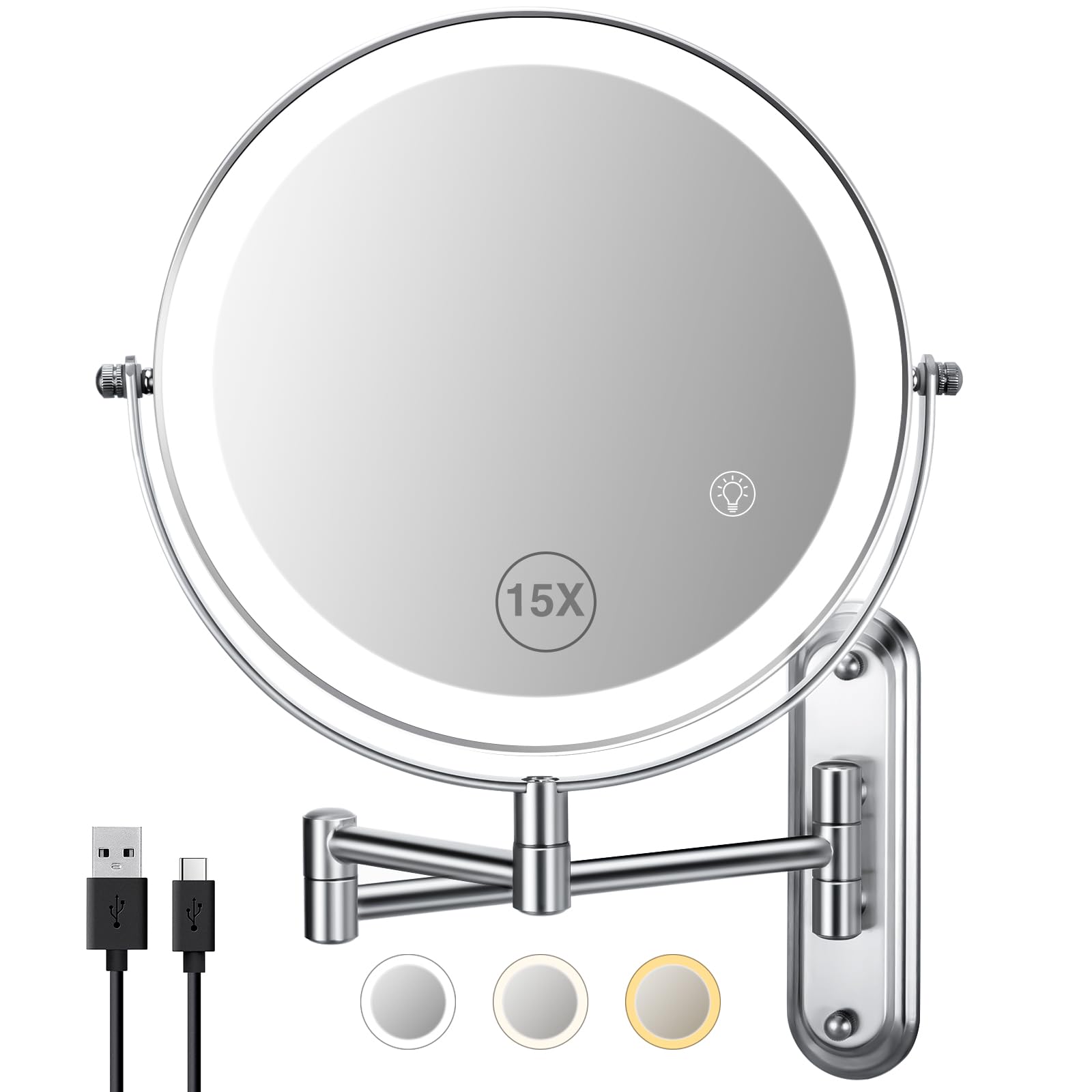 Wall Makeup Mirror With Lights - 1X/15X Led Extended Arm Magnigying Mirror, 3 Color Lights & 360Swivel Vanity Mirror, 8In Bathro