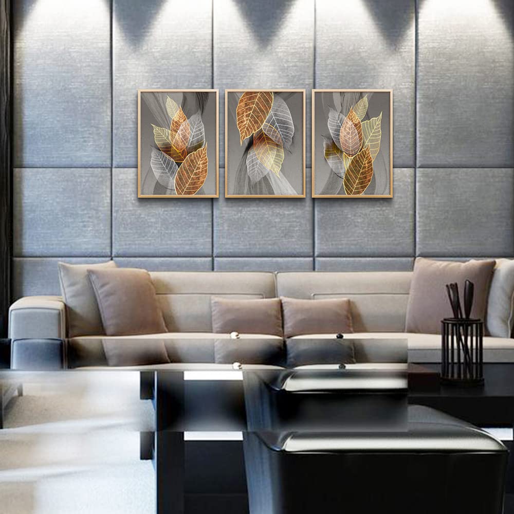 Hyidecorart Natural Framed Canvas Wall Art - 3 Piece Abstract Leaf Prints, 12x16 inches, Ideal for Living Room, Bedroom, and Bathroom Decor