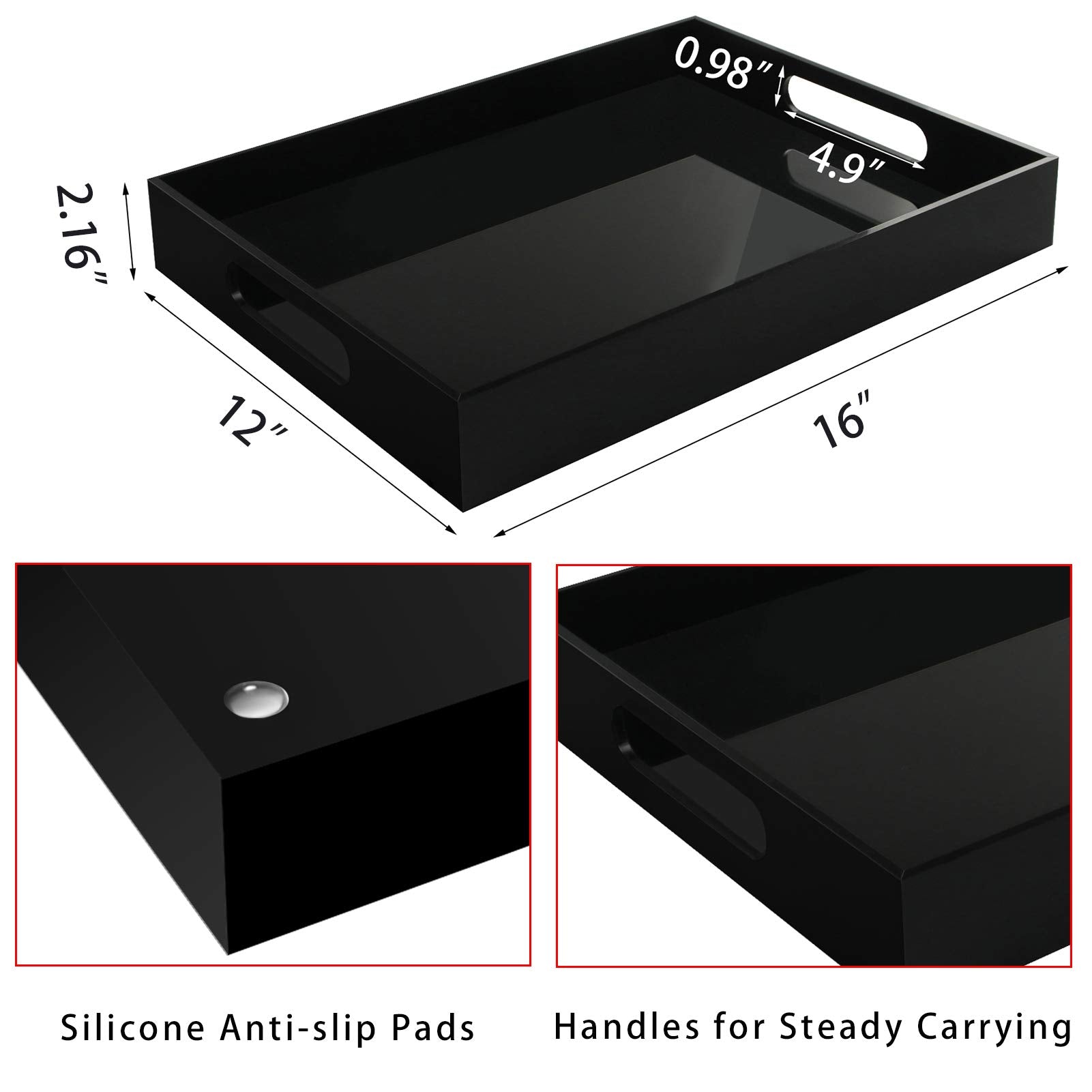 Tasybox Black Serving Tray, Acrylic Decorative Serving Trays With Handles For Kitchen Dining Room Table Ottoman Vanity Counterto
