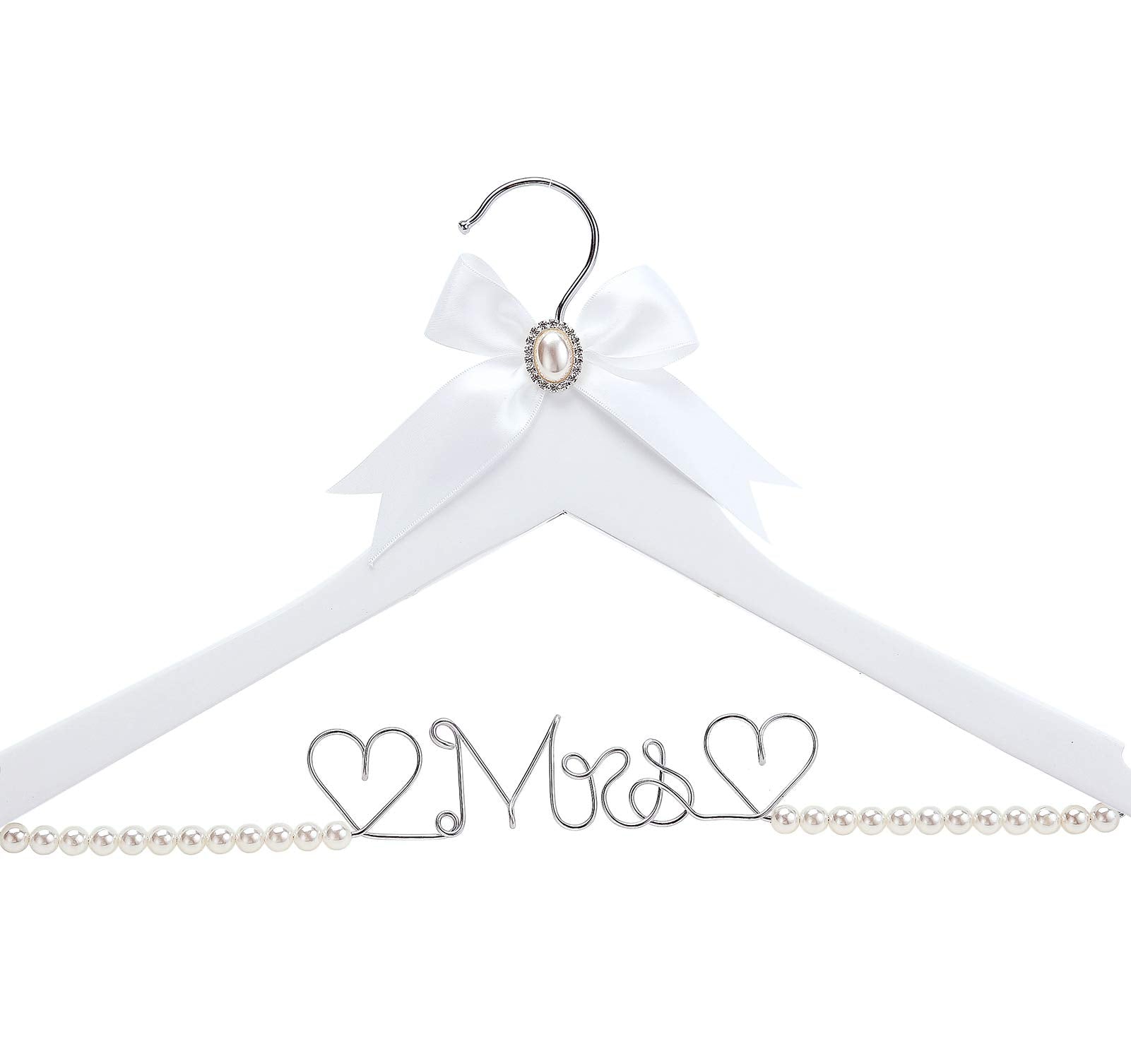 Huidian White Solid Wood Bridal Dress Hanger With Lady Wire Lettering For Bridal Wedding Party Gift (Pearl Silver Thread And Whi