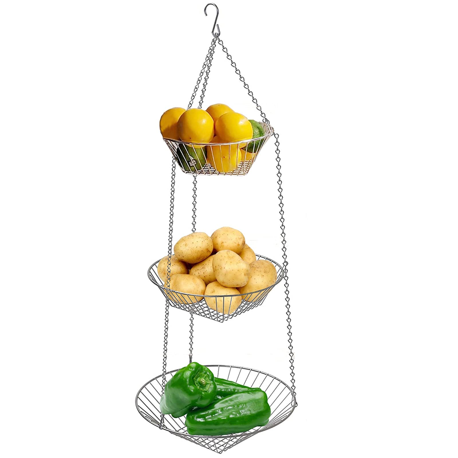 Ipstyle 3 Tier Fruit Tray Basket Vegetable Kitchen Storage Basket Chain Hanging Space Saving Rustic Country Style Chicken Wire F