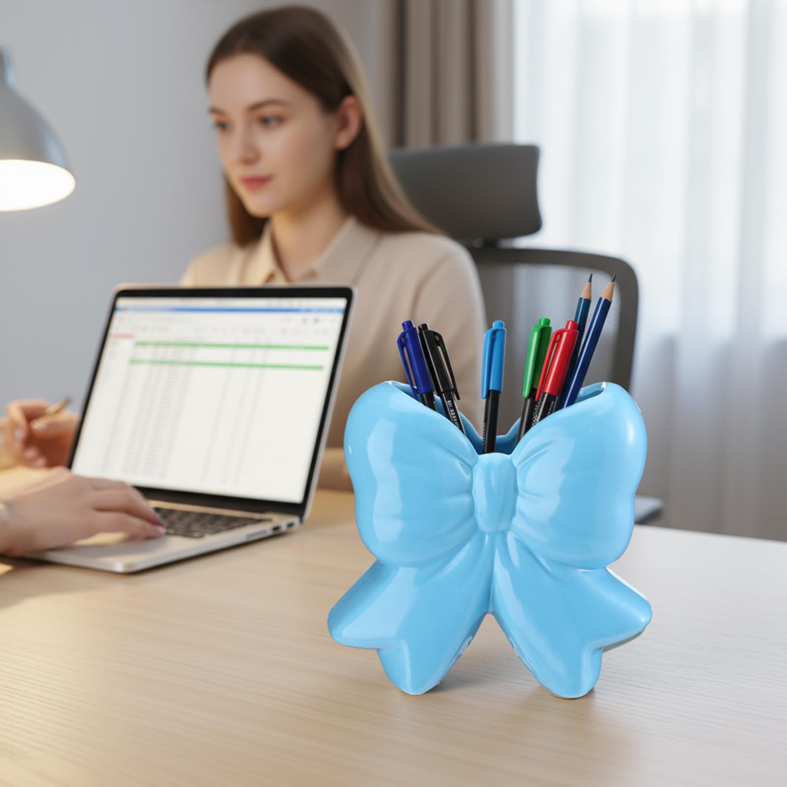 Jingmore Bow Vase Coquette Ceramic Vase Blue Pen Holder Makeup Brush Holder Contemporary Design Decorative Women Gift for Christ