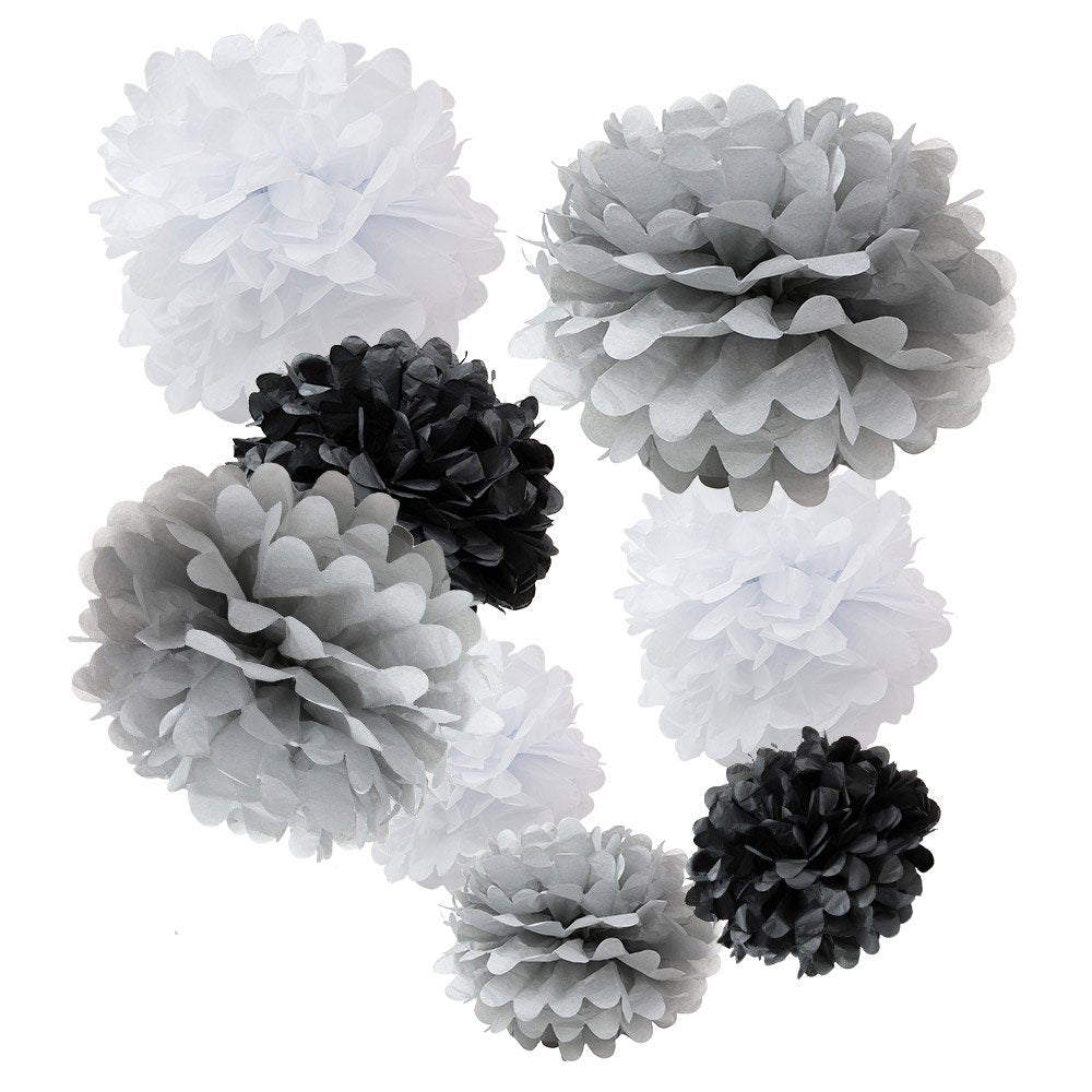 Wyzworks Set Of 8 (Assorted Monotone Color Pack White / Grey / Black) 8'' 10'' 12'' Diy Tissue Pom Poms Flower Party Decorations