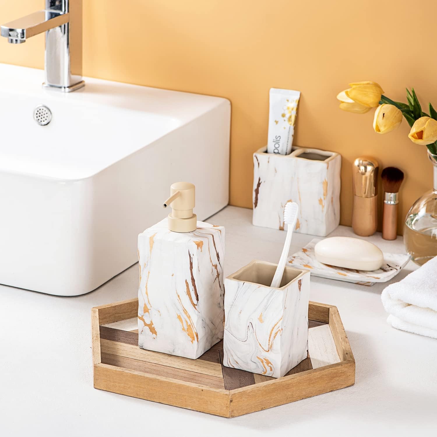 RQYIXI Ceramic Bathroom Accessory Set Complete 4 Pieces Retro Style Soap Dispenser & Toothbrush Holder Sets (Marble Gold)