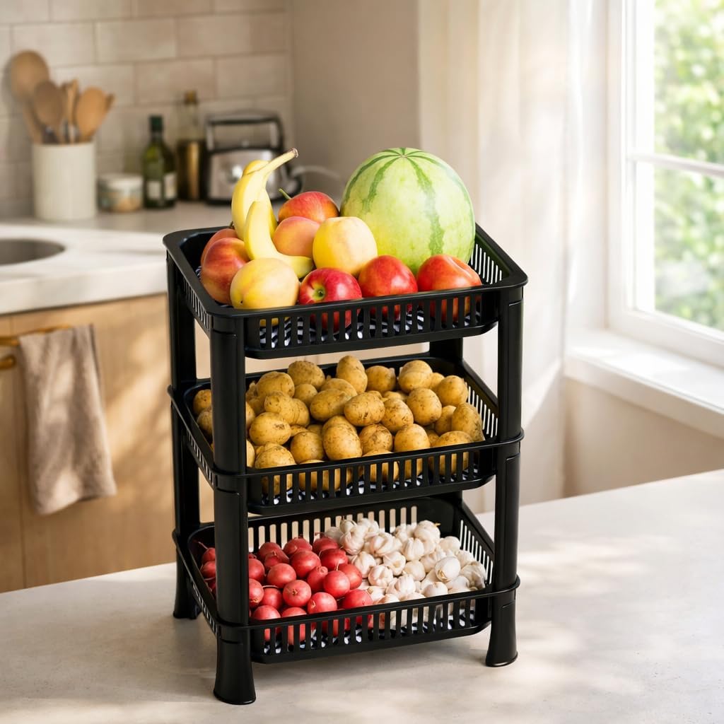 Pingaksawilla Multi Layer Kitchen Storage Rack (2/3/4 Tier) | Plastic Vegetable & Fruit Basket Stand | Space Saving Grocery Orga