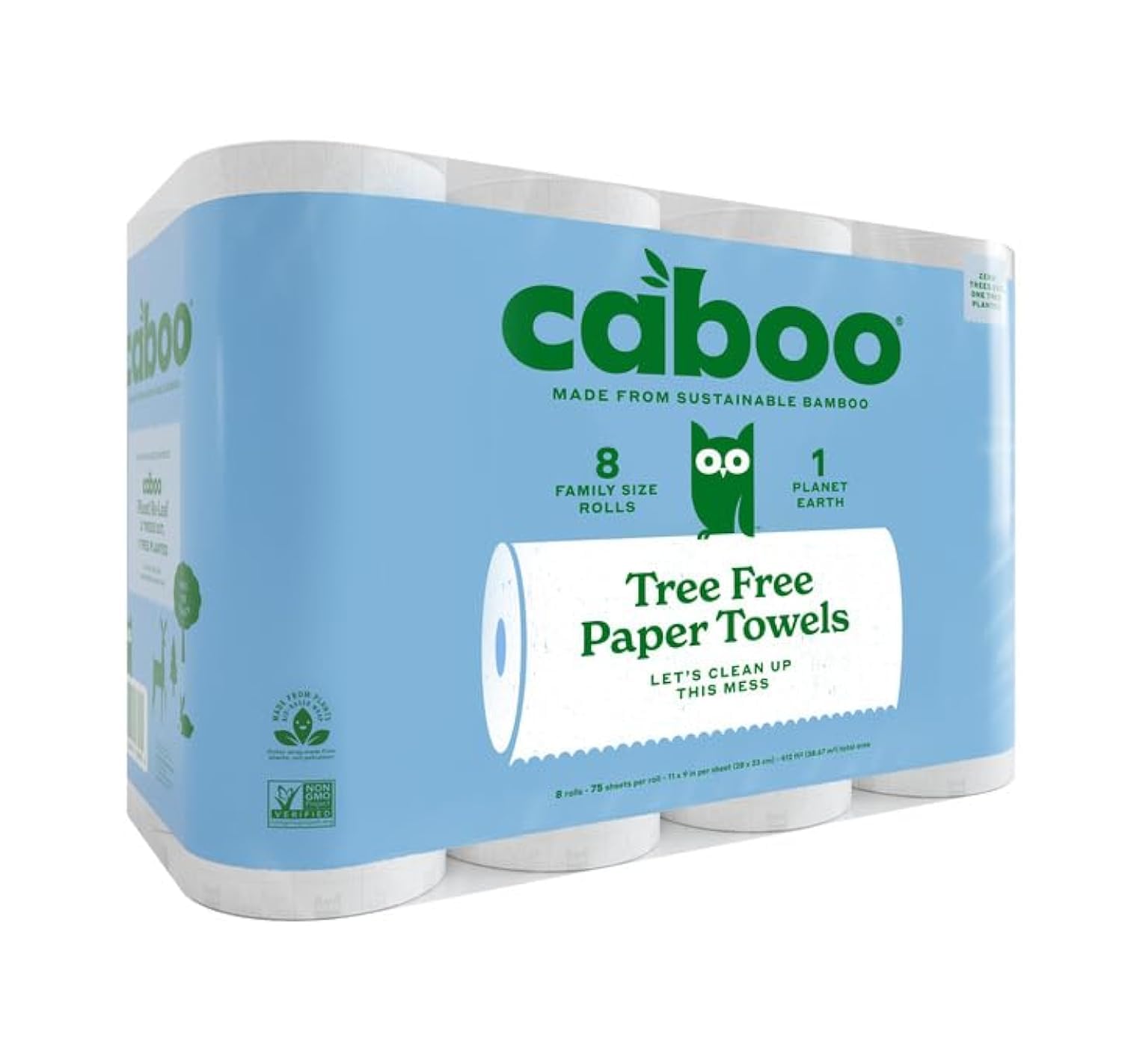 Caboo Tree Free Paper Towels, 8 Rolls, Earth Friendly Sustainable Kitchen Paper Towels With Strong 2 Ply
