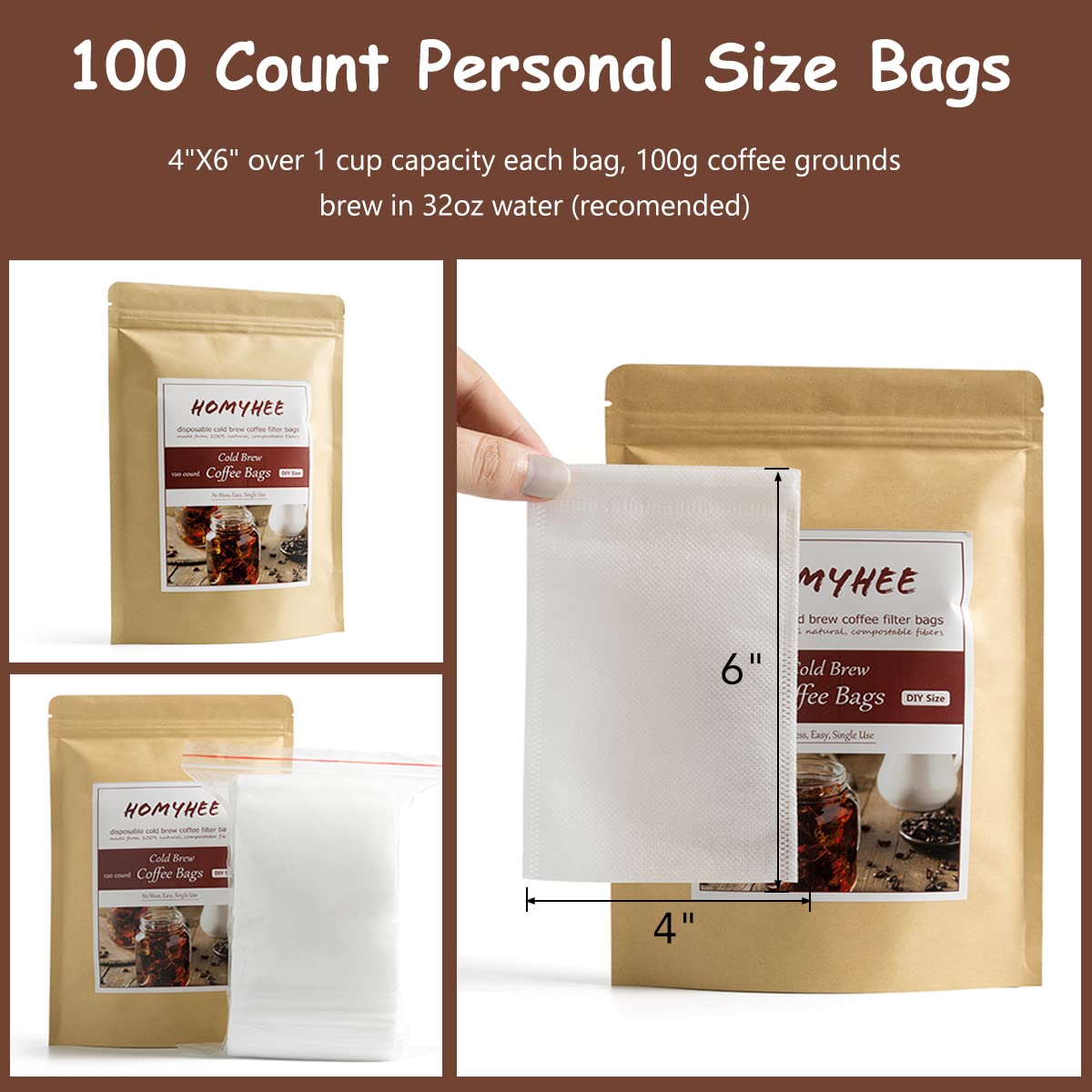 Homyhee No Mess Cold Brew Coffee Filters - 100 Count Disposable Fine Mesh Brewing Bags For Concentrate/Iced Coffee Maker, French