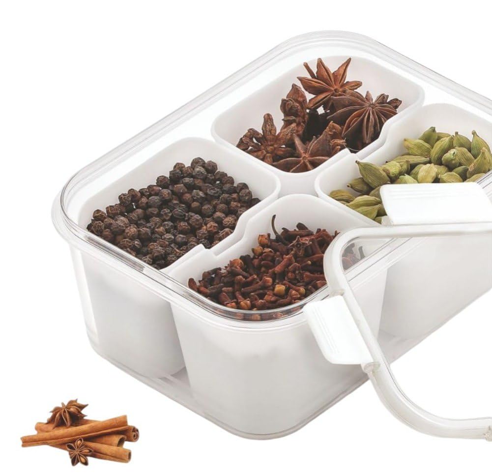 Utensilbay 4 Compartment Food Storage Container With Lid, Multipurpose Plastic Spice Organizer Box For Masala, Dry Fruits & Snac