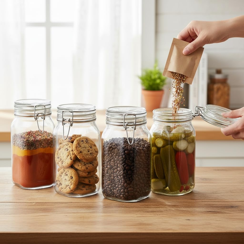 Ash & Roh  Clear Glass Jar And Container With Air Tight Lid Storage Of Spices And Dry Fruit (1500 Ml Square, 4)