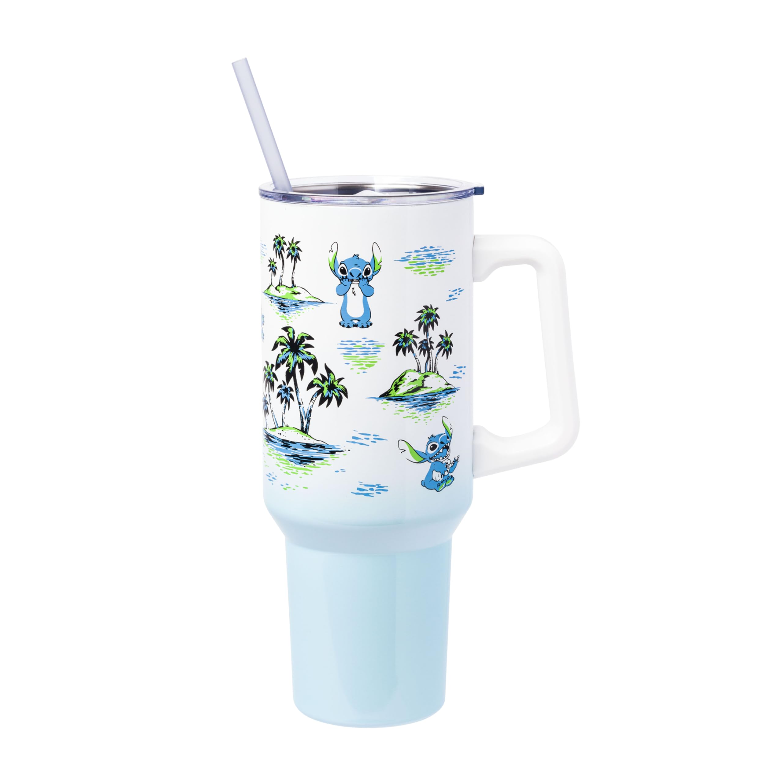 Silver Buffalo Disney Lilo And Stitch Vintage Sketch Palm Trees And Flowers Stainless Steel Tumbler With Handle And Straw, Fits