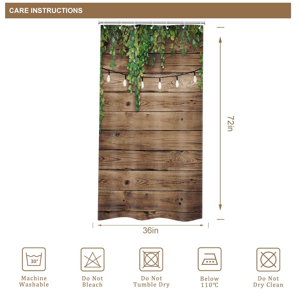 Riyidecor Wooden Shower Curtain 36"x72" Waterproof Rustic Brown with Green Leaves, Model WZ-NHYD-CR35, Includes 7 Hooks
