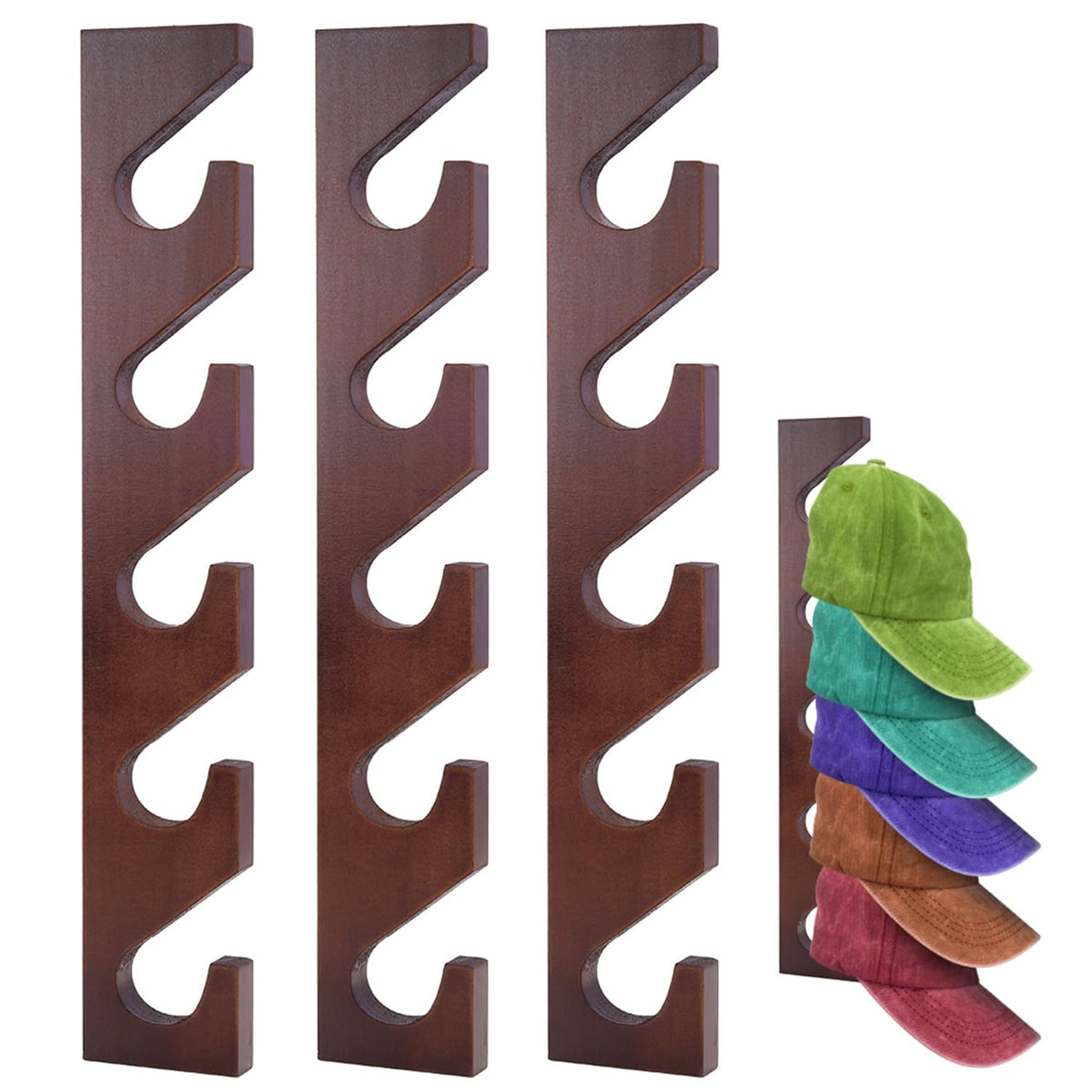 Soewiou 3 Pcs Hat Rack For Baseball Caps, Wall Mounted Wooden Hat Storage Organizer Hanger, Wall Vertical Hat Holder Caps Displa