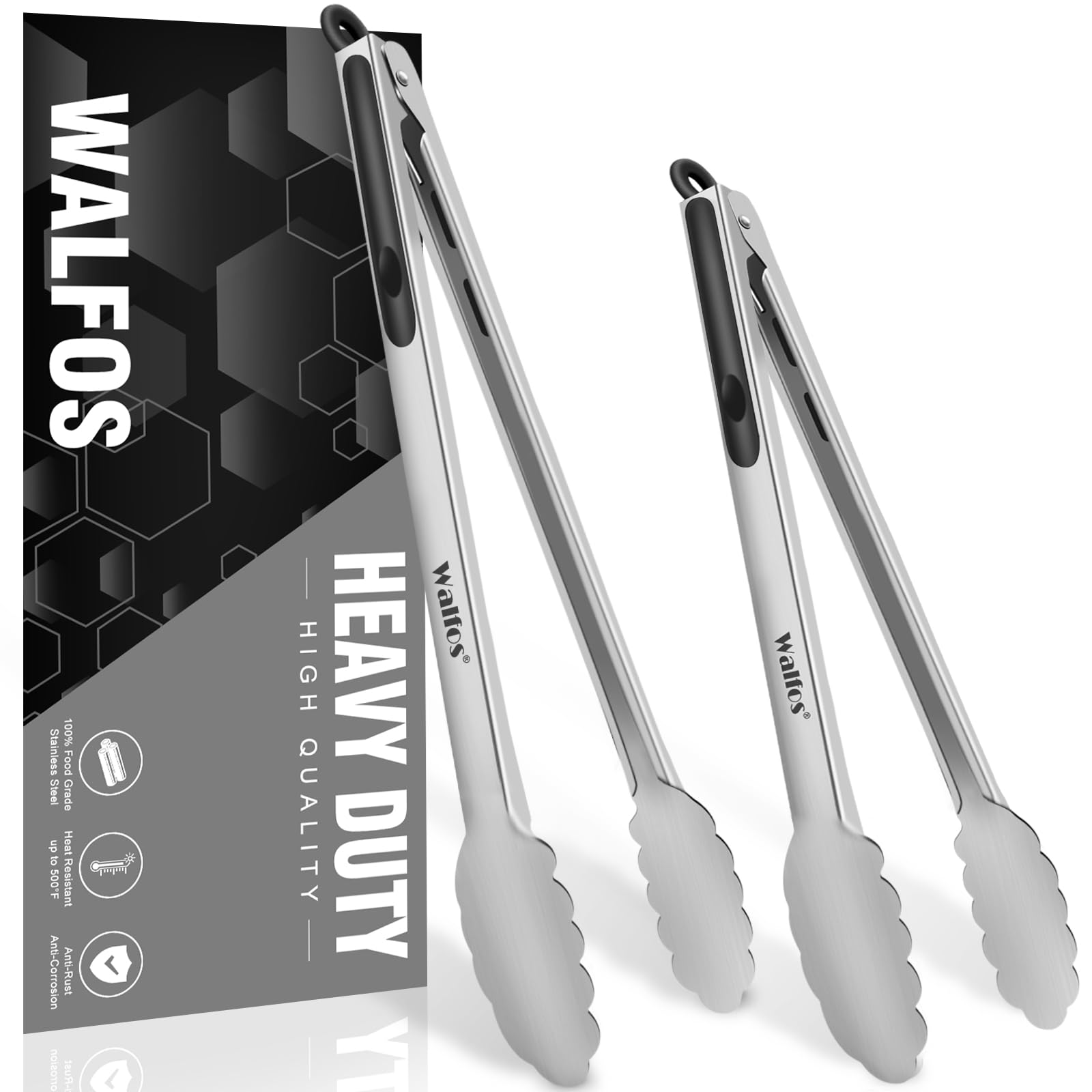 Walfos Extra Long Grill Tongs - Heavy Duty Metal Tongs - 16 & 12 Inch Great For Grilling,Bbq/Barbecue,Cooking - Stainless Steel