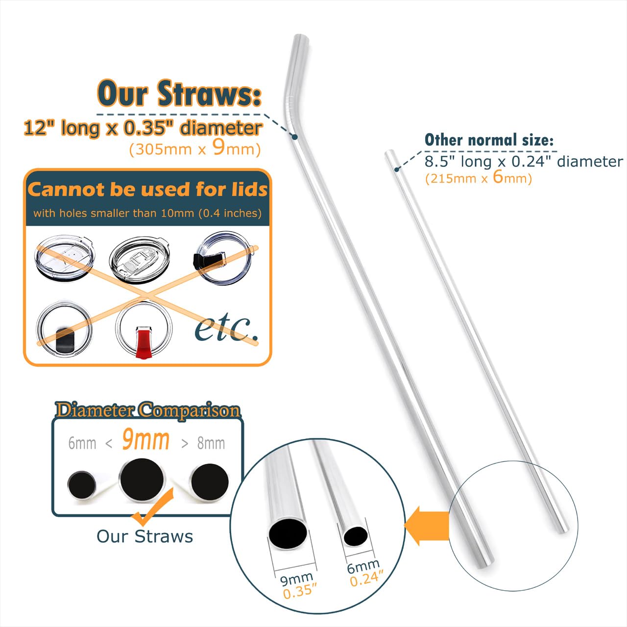 Gfdesign Big Drinking Straws Reusable 12 Inches Extra Long 9Mm Extra Wide Sus 304 Food-Grade 18/8 Stainless Steel - Set Of 4 Wit