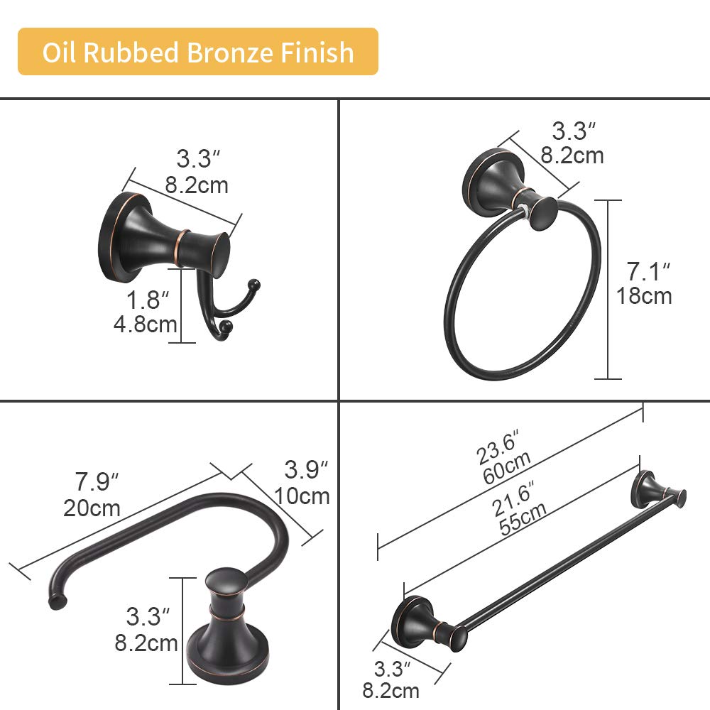 BESy Oil Rubbed Bronze 4 Piece Bathroom Accessories Set (Single Towel Bar  Towel Ring  Toilet Paper Holder  Double Towel Hooks)  Wall Mounted Bath Hardware Accessory Fixtures Set