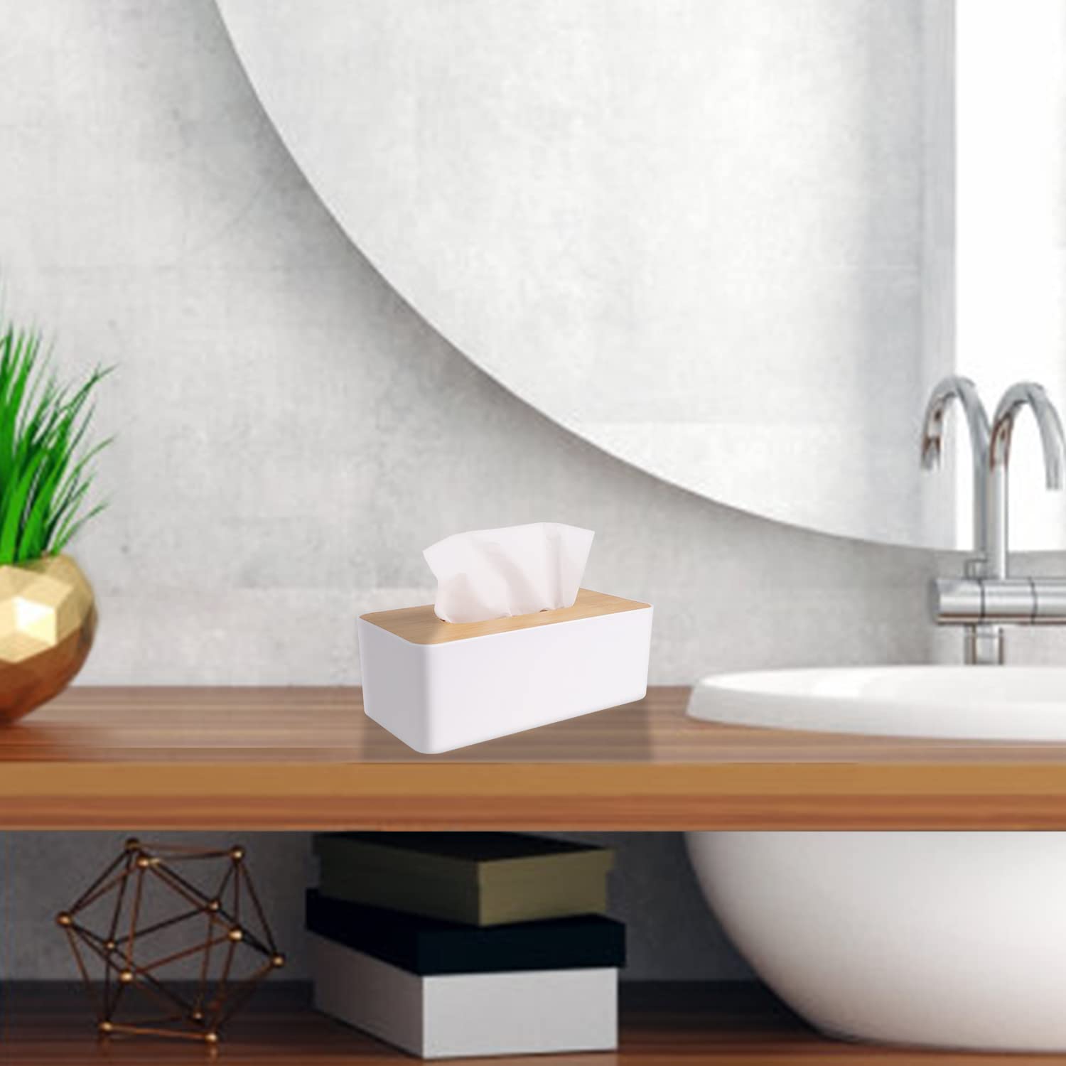 Tissue Box Cover,Tissue Holders,Tissue Box Holder For Bathrooms,Bamboo Cover Plate,Home And Office,9.7 * 5 * 3.6In (White)