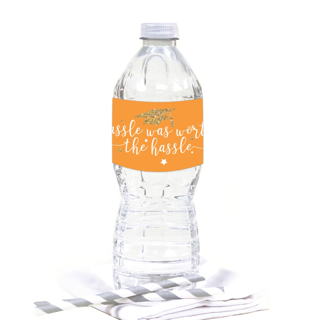 Andaz Press Orange And Gold Glittering Graduation Party Collection, Water Bottle Labels, 20-Pack