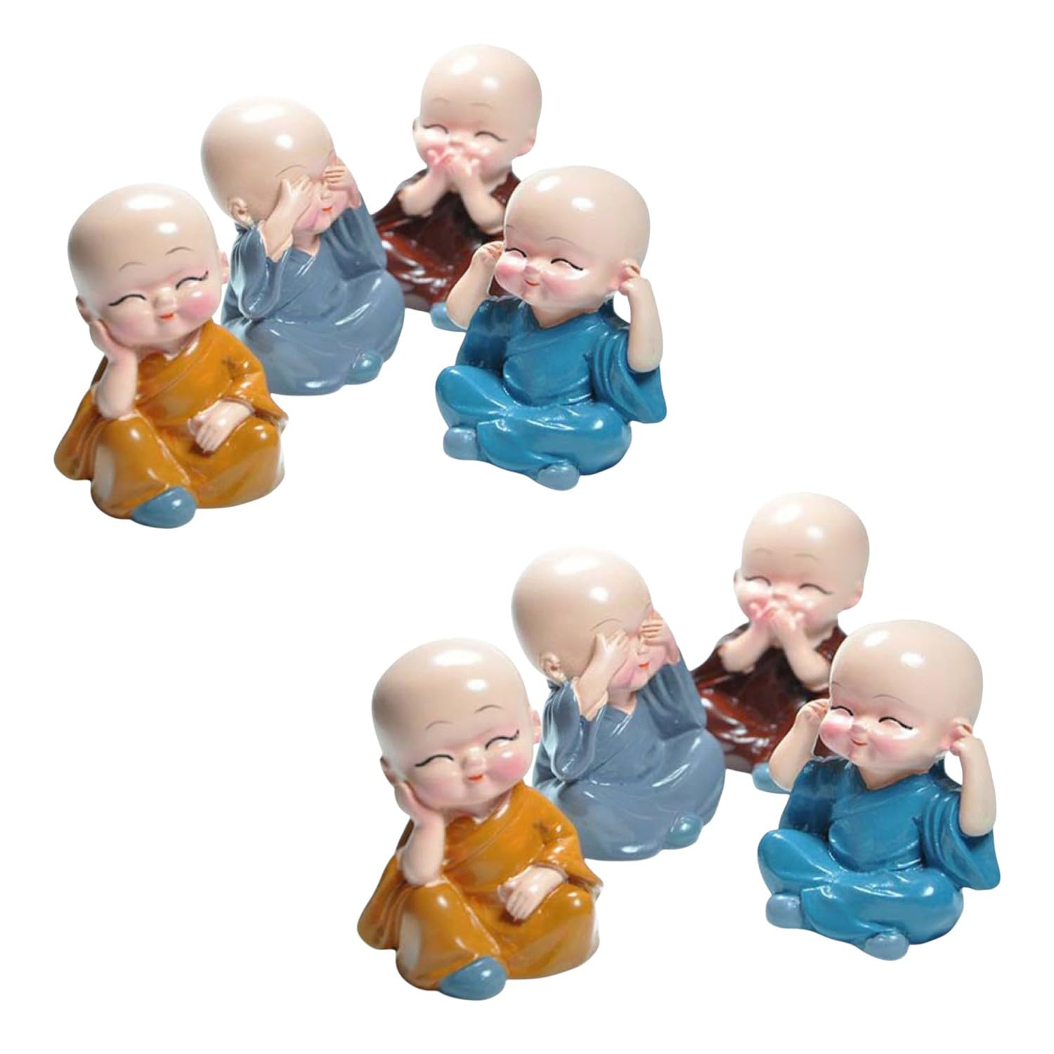 Oblivion Buddha Monk Figurine Set  Multicolour Resin Decorative Showpiece With Traditional Straw Hats For Unique Gift, Home Dec