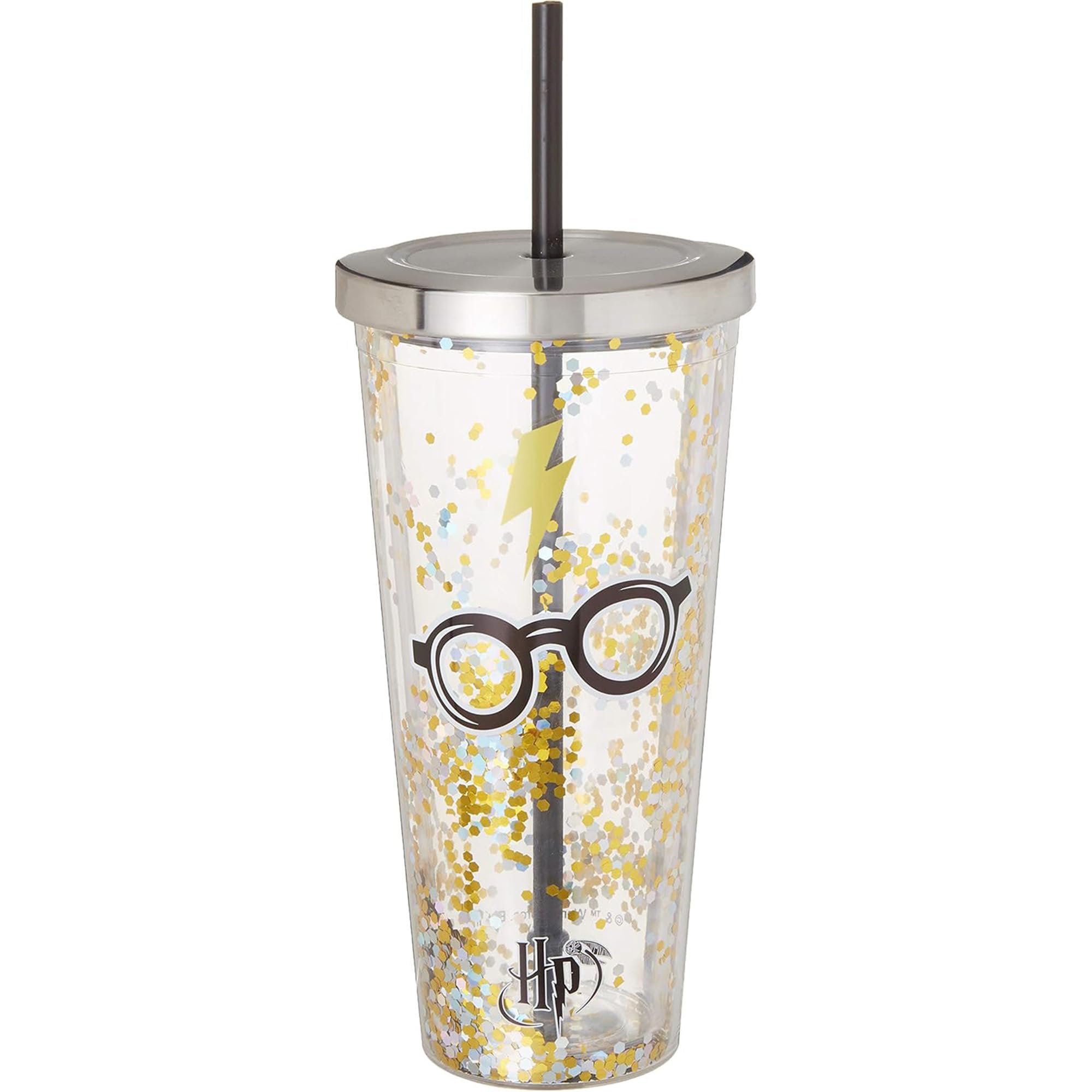 Spoontiques - Harry Potter Tumbler - Glasses Glitter Cup with Straw - 20 oz - Acrylic - Gold