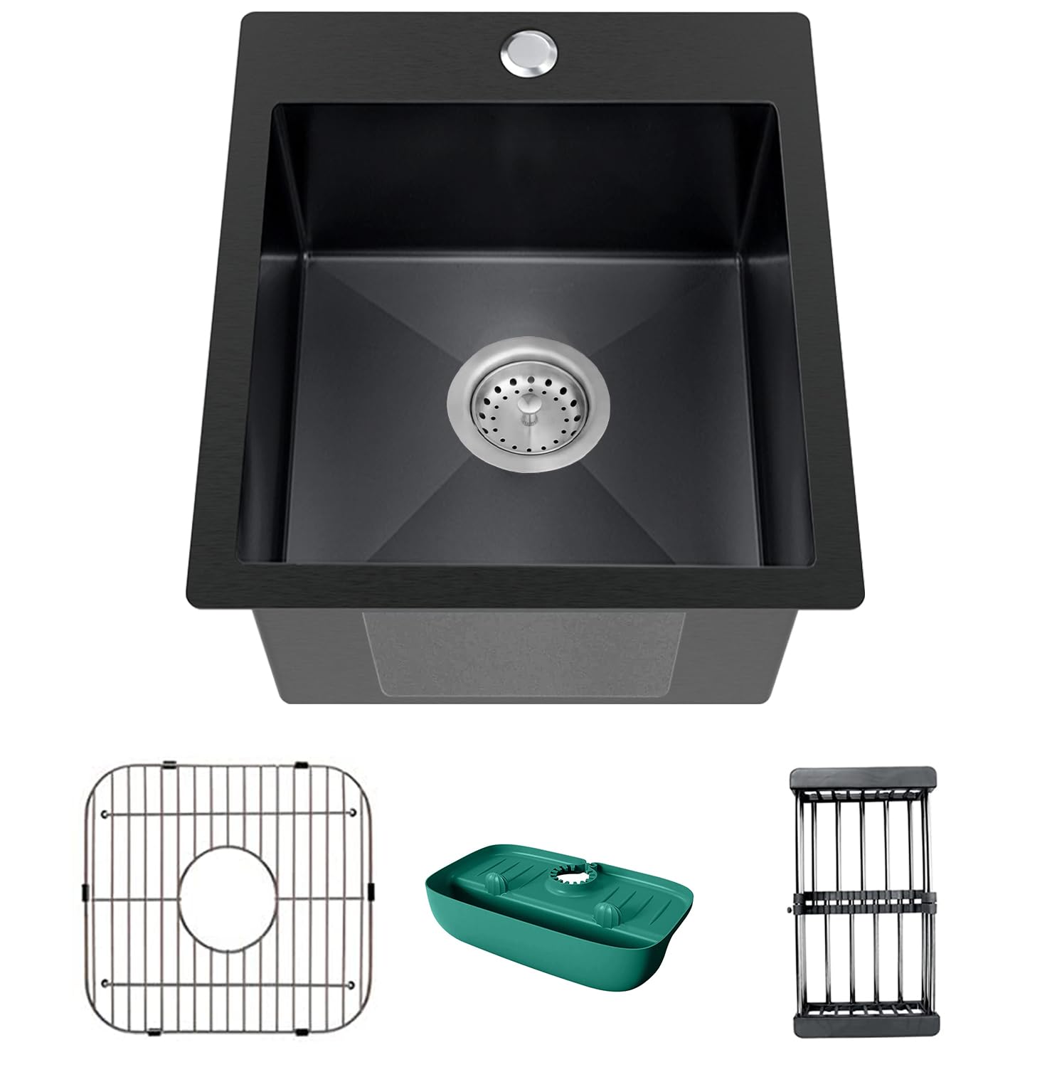 Black Kitchen Sink, Stainless Steel Topmount Bar Sink 15X17X9 Inch Single Bowl Drop In Kitchen Sink Combo-Stainless Steel Sink G