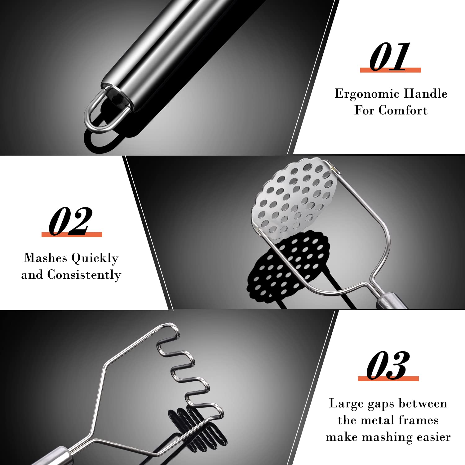 Potato Masher, Sopito 2 Pack Stainless Steel Integrated Masher Kitchen Tool Food Masher For Potatoes, Vegetables, Berries, Fruit