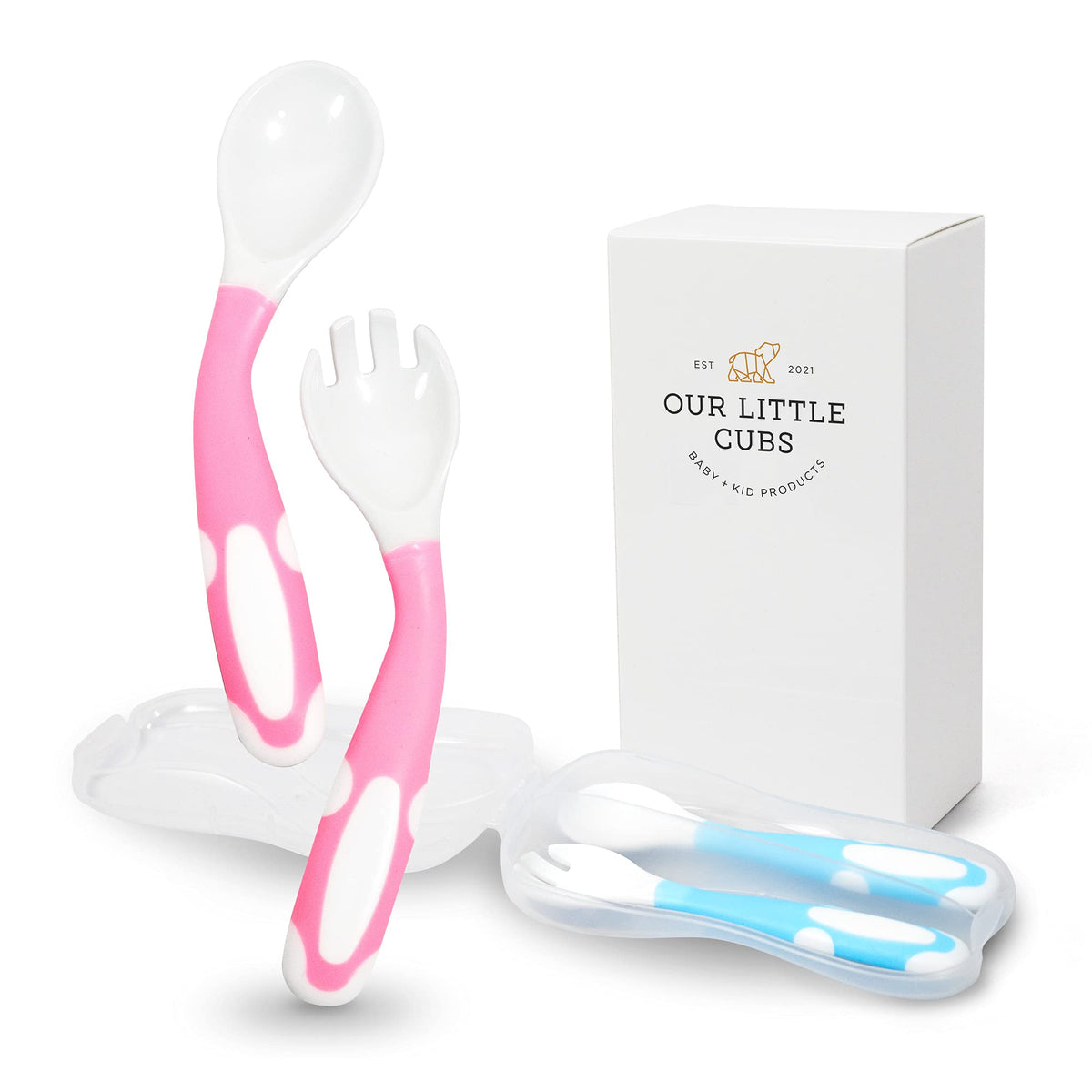 Bendable Baby and Toddler forks and spoons Utensils Silverware Set for Kids, 2 Sets Blue/Pink - Gum Friendly 2 Toddler Spoons an