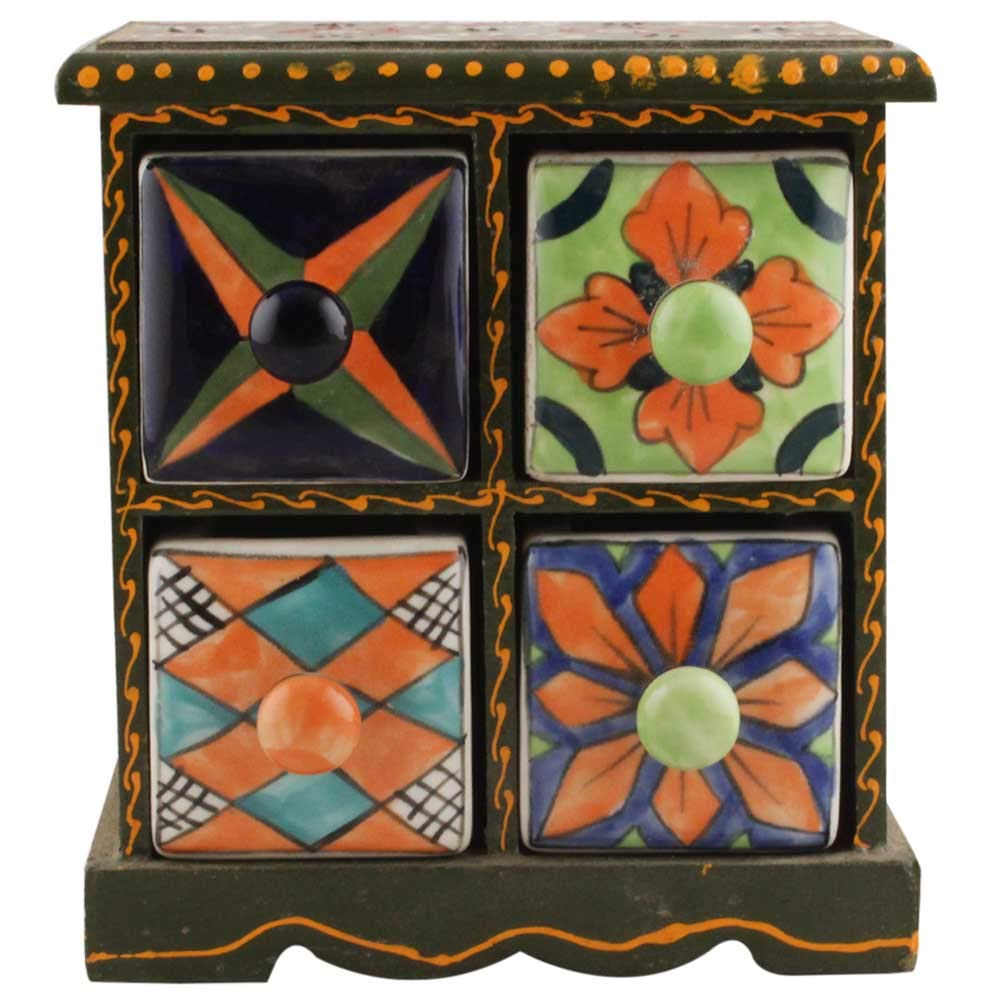 IndianShelf Handmade Wooden And Ceramic Multicolor Jewellery Rack Spice Organizer Seasoning Masala Box Container Dabba(Four Dar