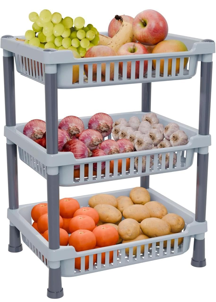 Teaser Kitchen Storage Rack, Plastic Fruit And Vegetable Organiser Stand, Grey
