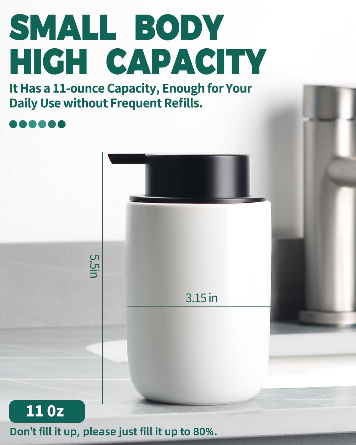 Bosilunlife Foaming Soap Dispenser - Ceramic White Soap Dispenser Bathroom Small Foam Hand Soap Dispenser Refillable Kitchen Dis