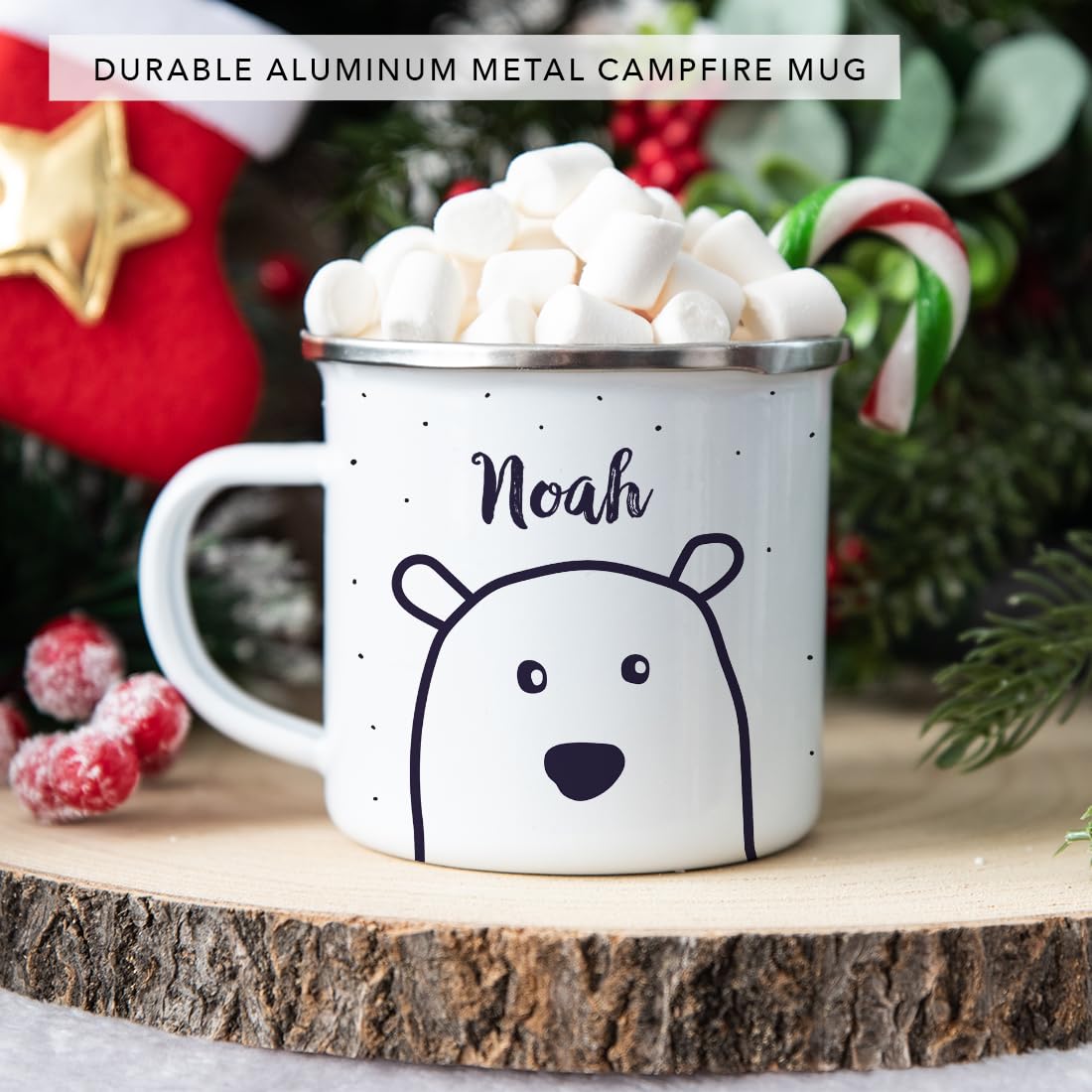 Andaz Press Personalized 11Oz. Christmas Hot Chocolate Stainless Steel Campfire Coffee Mug Gift, Polar Bear, 1-Pack, Custom Name