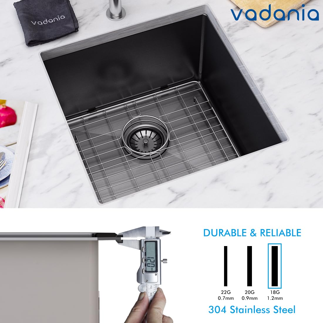 Vadania 18-Inch Kitchen Bar Sink, Black-Plated Finish, 18''X18''X10'', Single Bowl, Undermount, 18 Gauge T304 Stainless Steel, W