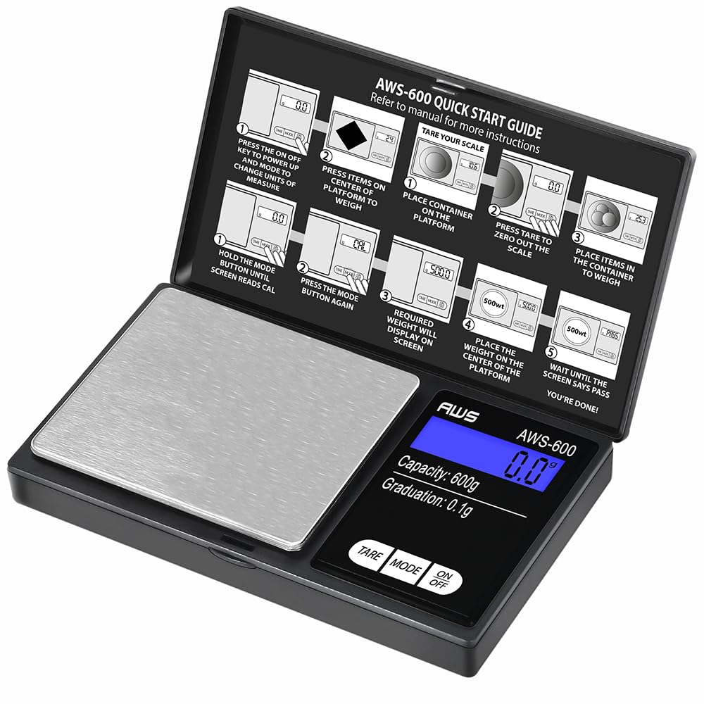 American Weigh Scales Digital Pocket Scale 600g x 0.1g with LCD Display Gram, Ounce, Carat, Grain for Coins, Jewellery, Gemstone