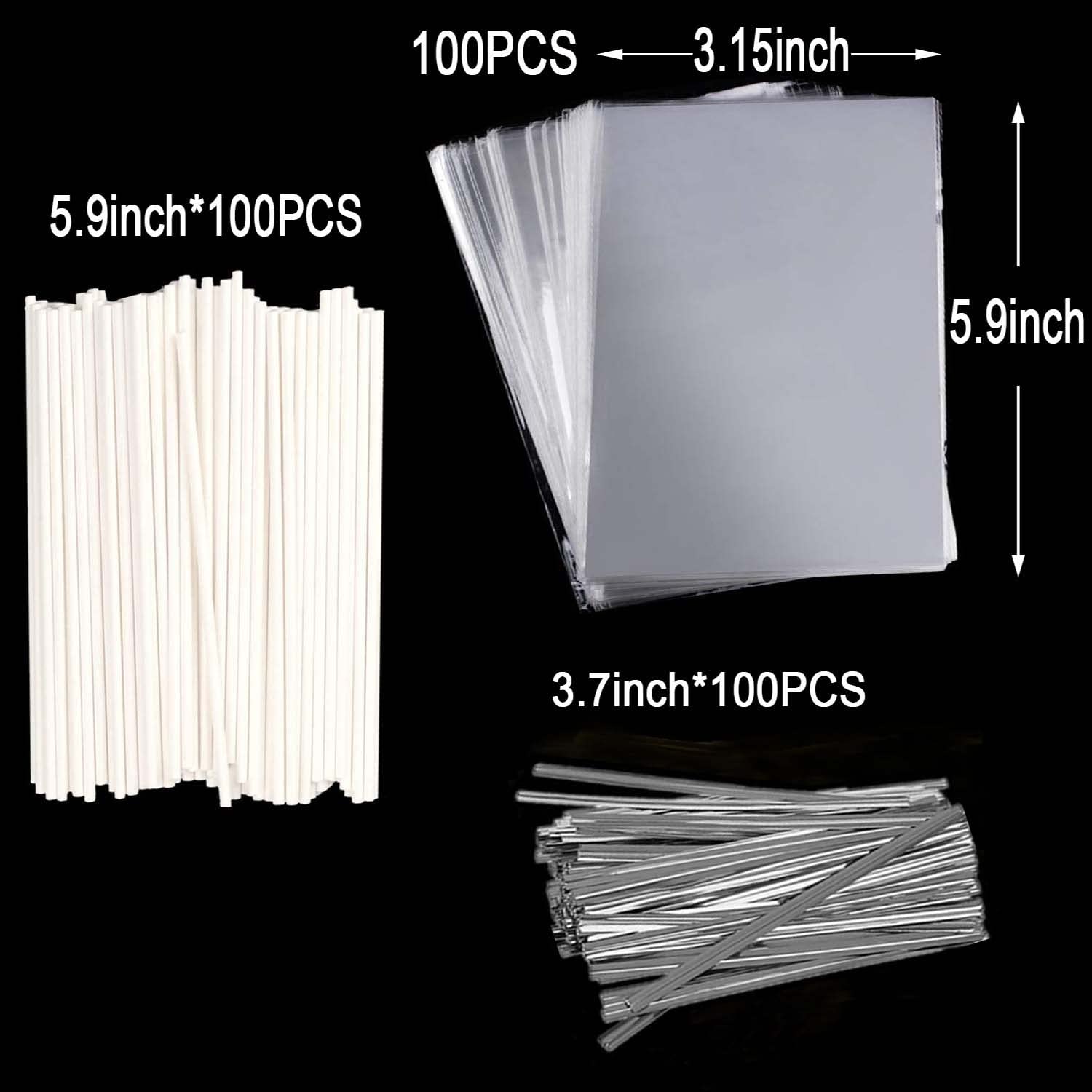 Silver Lollipop Cake Pop Treat Bag Set Including 100Pcs Parcel Bags, 100Pcs Papery Treat Sticks, 100Pcs Colorful Metallic Twist
