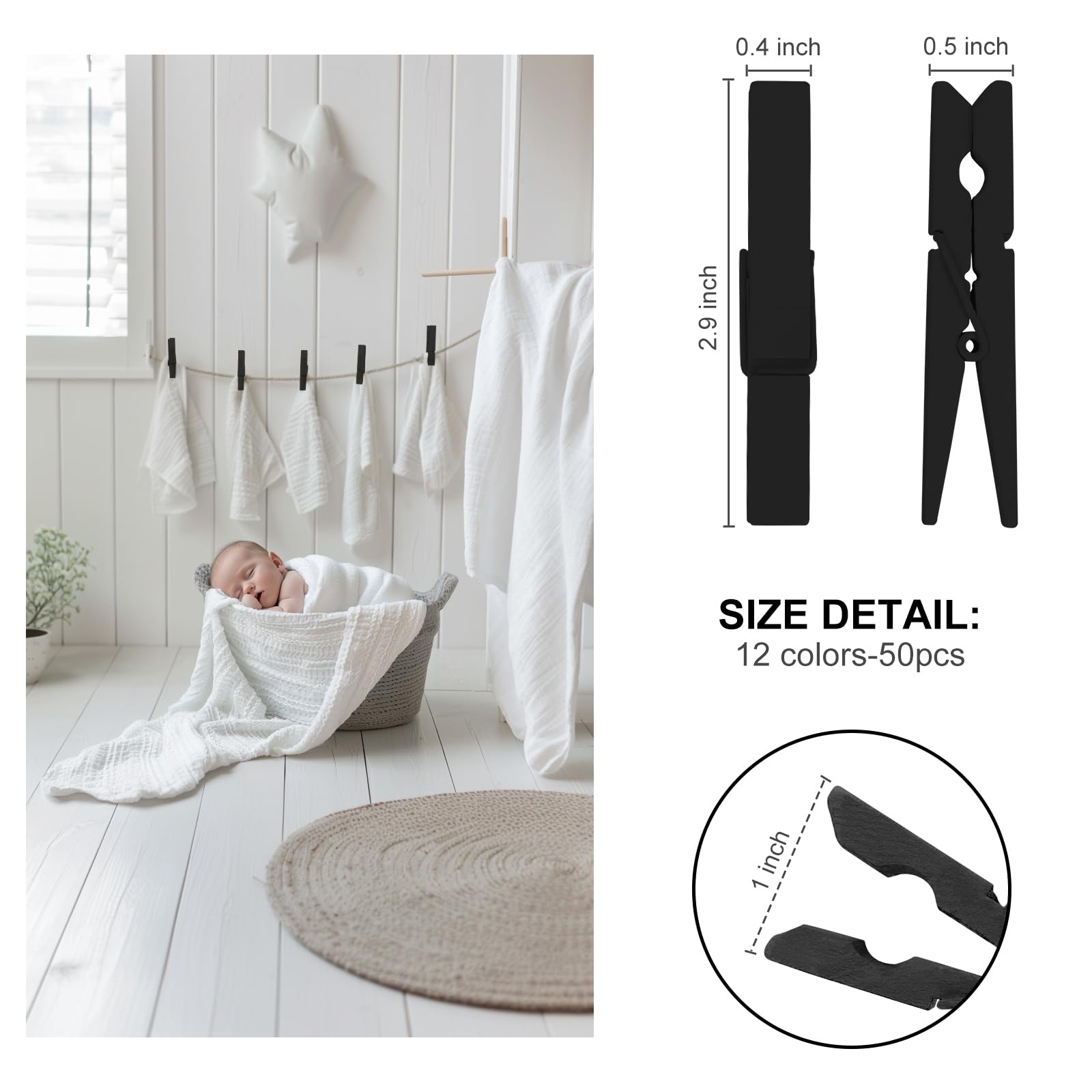 Black Colored Clothes Pins 2.9Inch 50Pcs Black, Colorful Clothespins Wooden Clips For Photos Pictures Decorative Crafts, Decorat