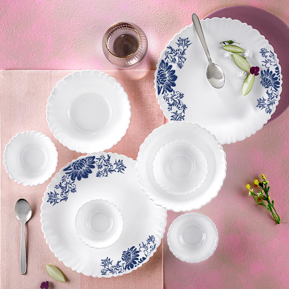Larah By Borosil Silk Series Leona Opalware Dinner Set With Steel Spoon | 33 Pcs For Family Of 6 | Microwave & Dishwasher Safe |