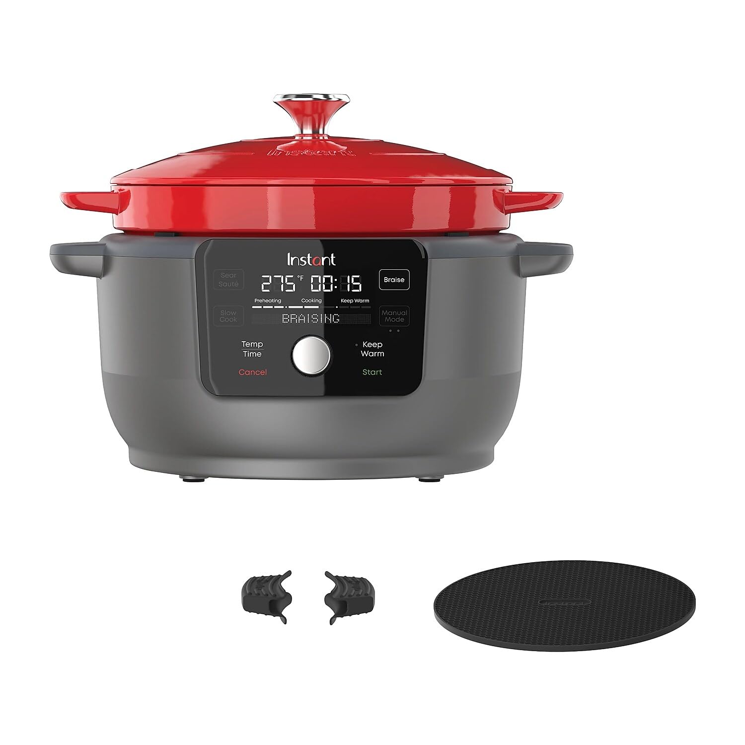 6-Quart 1500W Electric Dutch Oven With Recipe Book - Braise, Slow Cook, Sear, Warm, Red Enameled Cast Iron