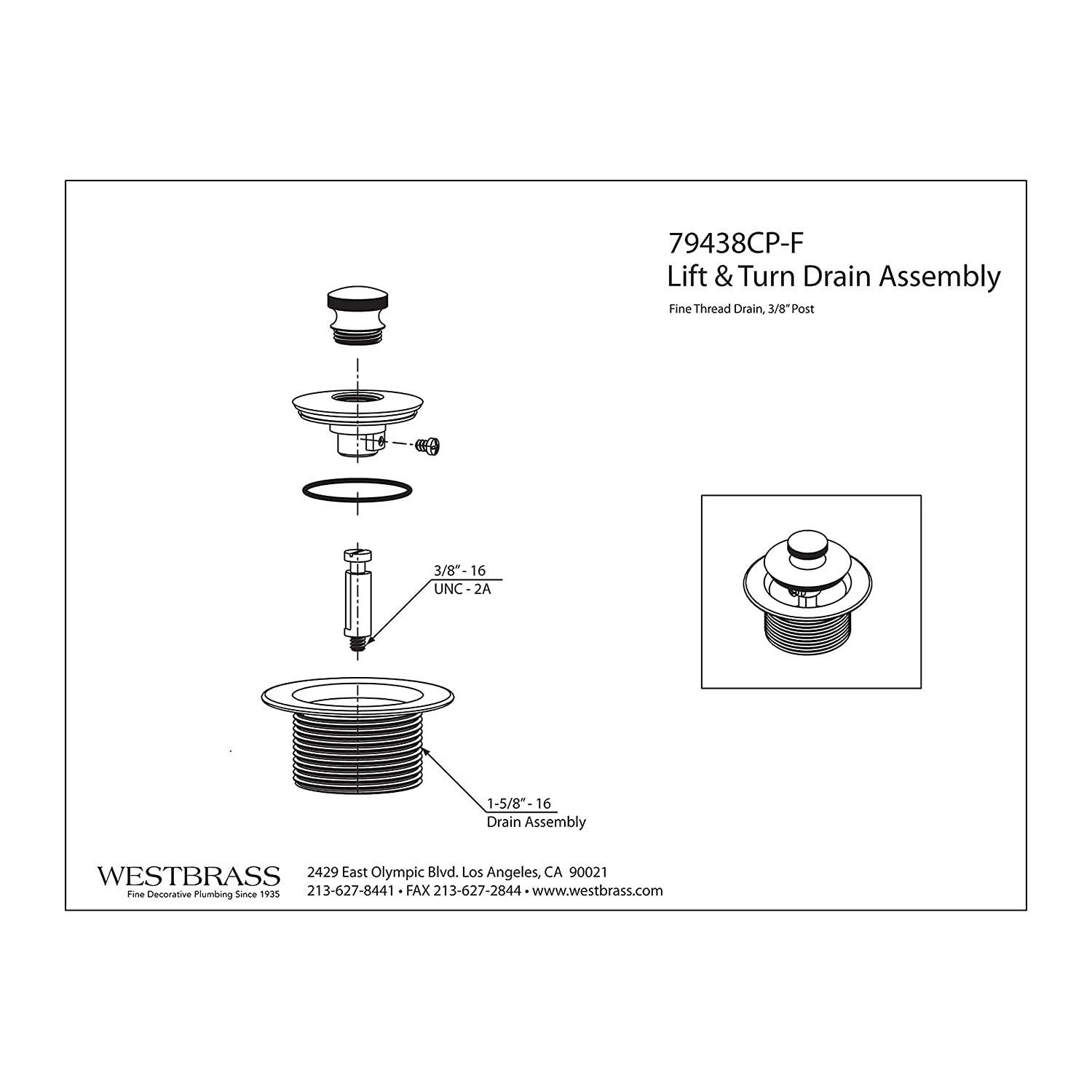Westbrass 1-1/4'' NPSM (1-5/8''-16 UNC-2A) Fine Thread Twist & Close Bath Drain Plug  Polished Chrome  79438CP-F