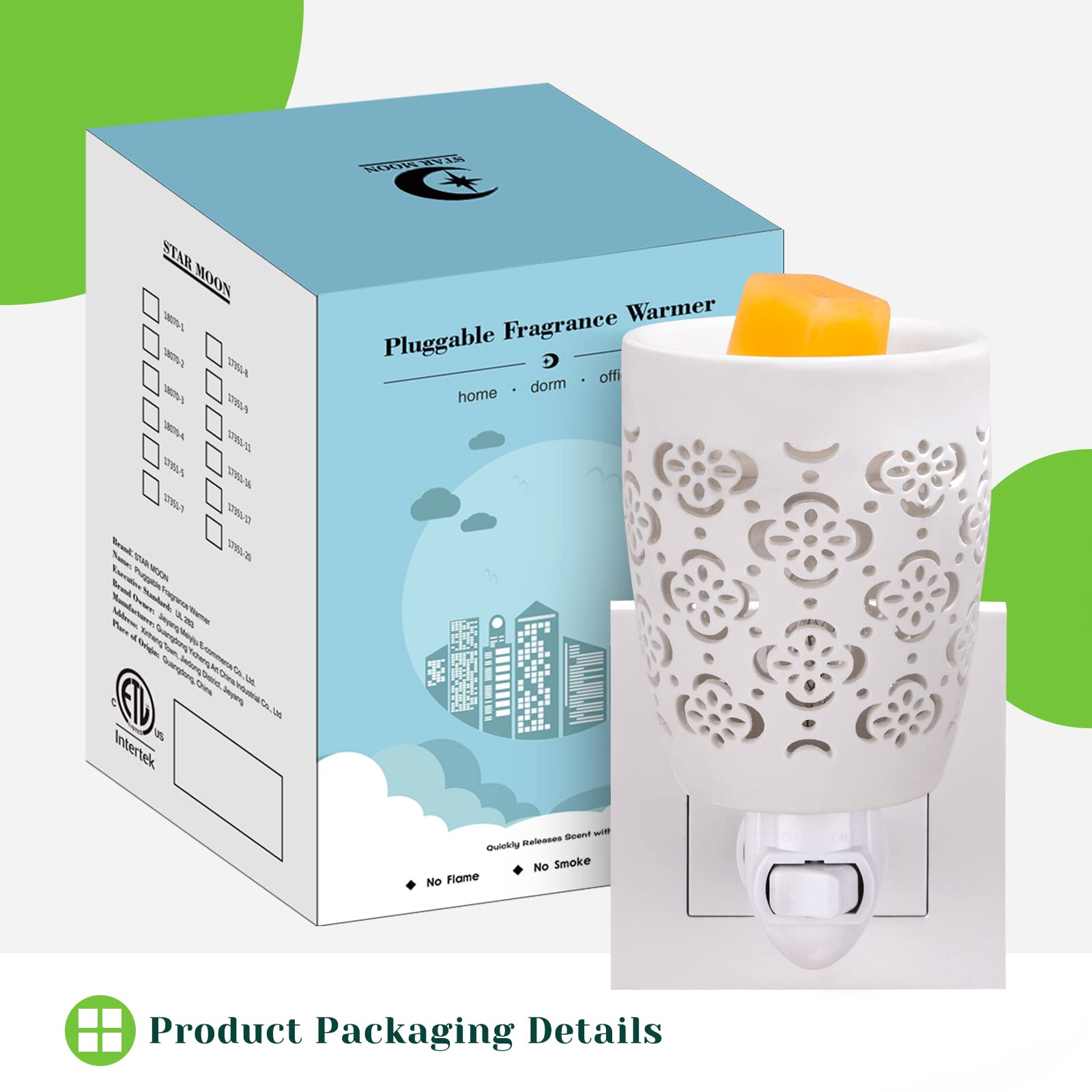 STAR MOON Ceramic Pluggable Wax Melt Warmer, Diffuser for Fragrance Oil, Candle Melter Plug in Wall for Home, Office and Spa, Id