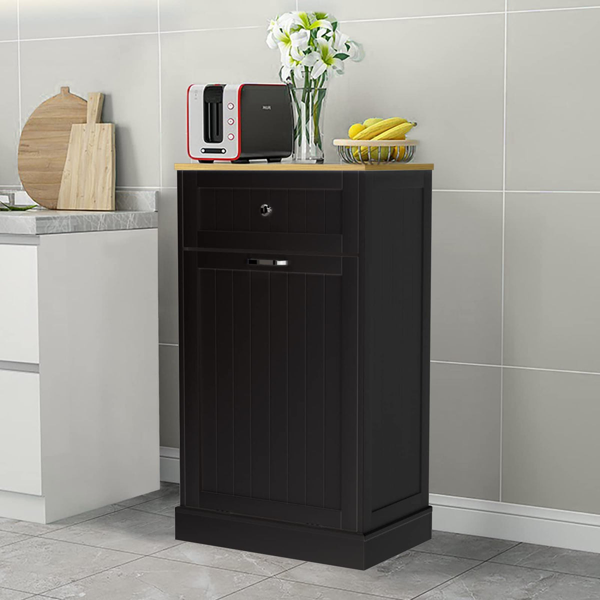 Gazhome Tilt Out Trash Cabinet, Upgrade Wooden Free Standing Trash Cabinet,Recycling Cabinet With Hideaway Drawer,10 Gallon Tilt